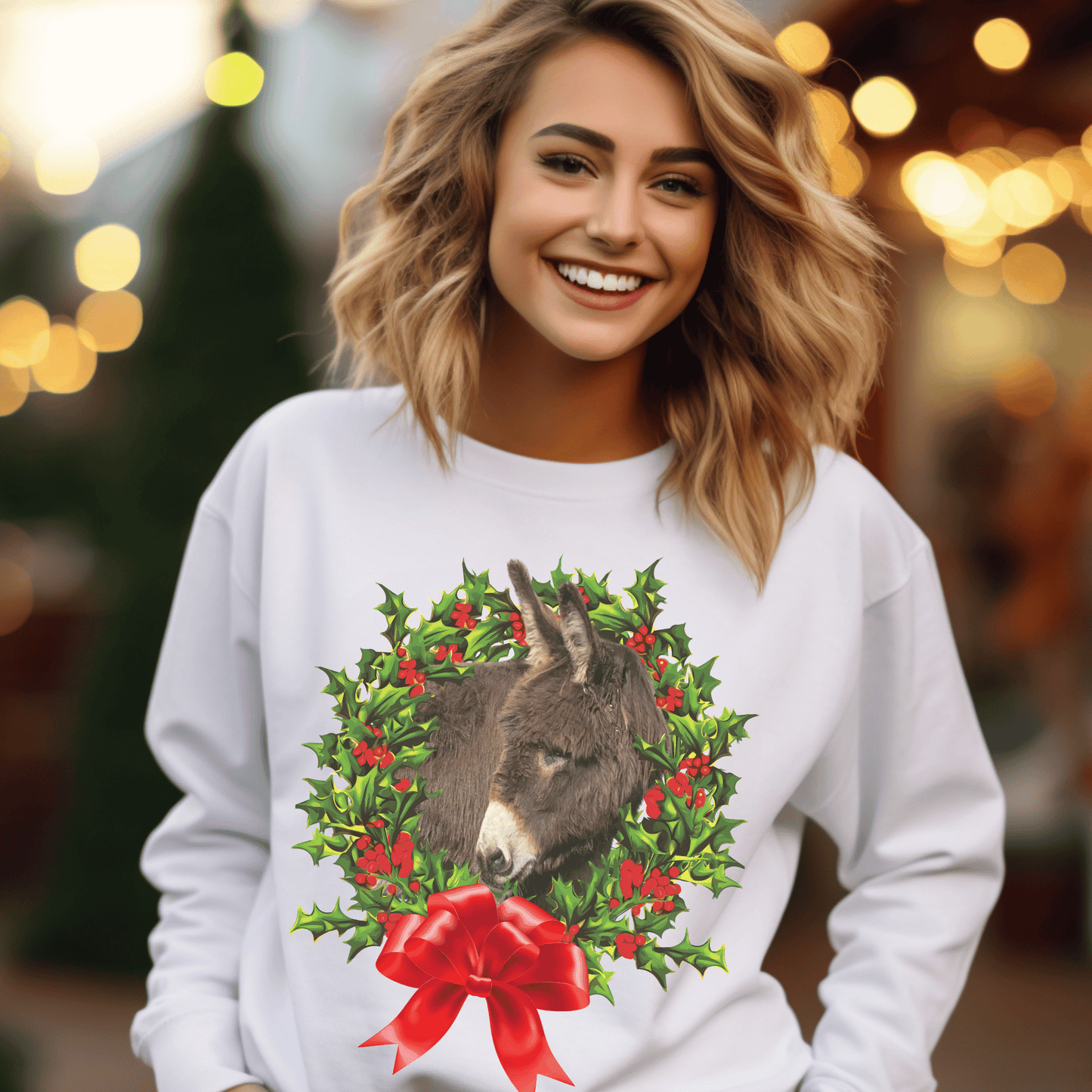 Adorable Donkey and Christmas Wreath Crew Neck Sweatshirt - Perfect Gift for Donkey Lovers and Farm Animal Fanatics!