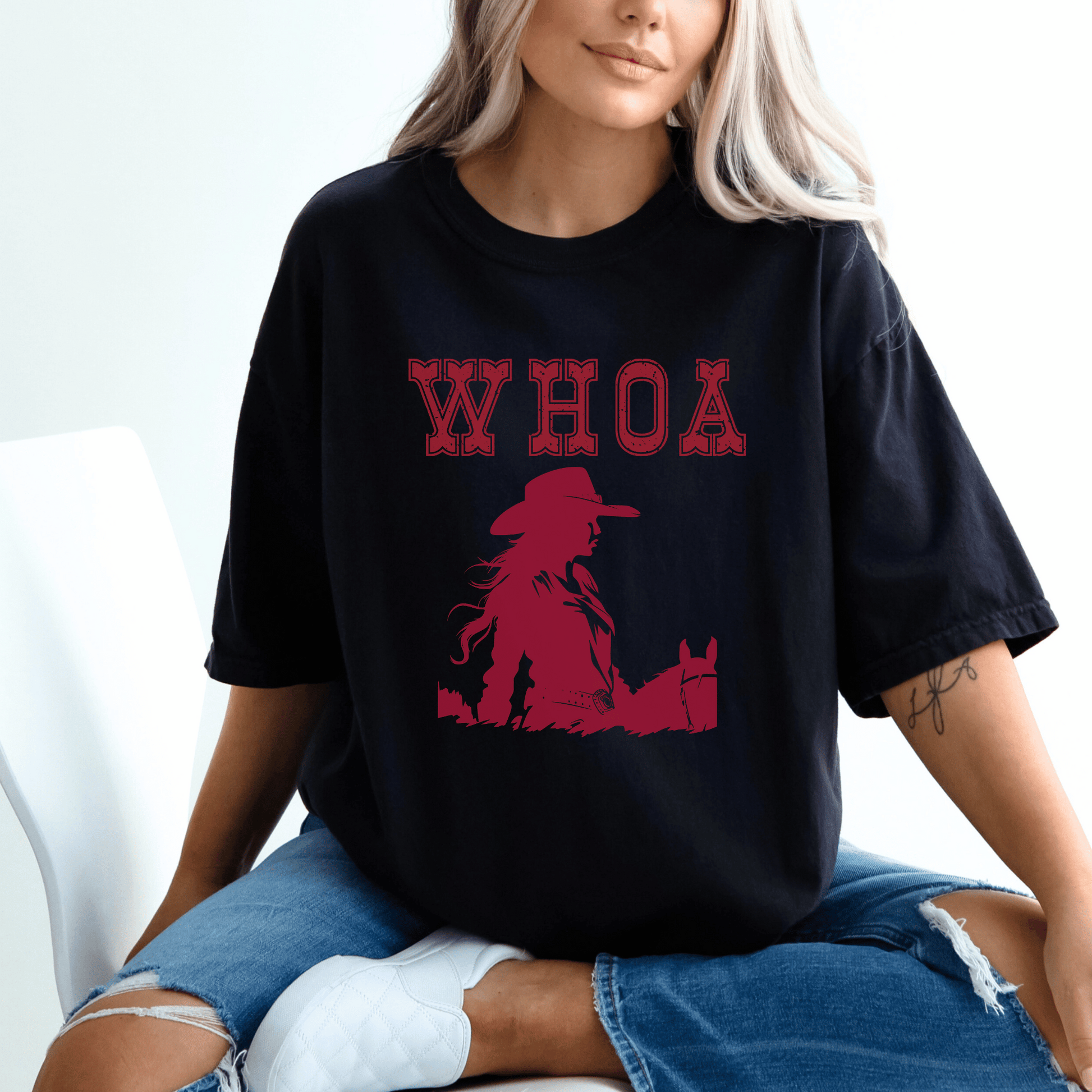 Trendy Whoa Girl in a red design printed on a comfort colors tee.