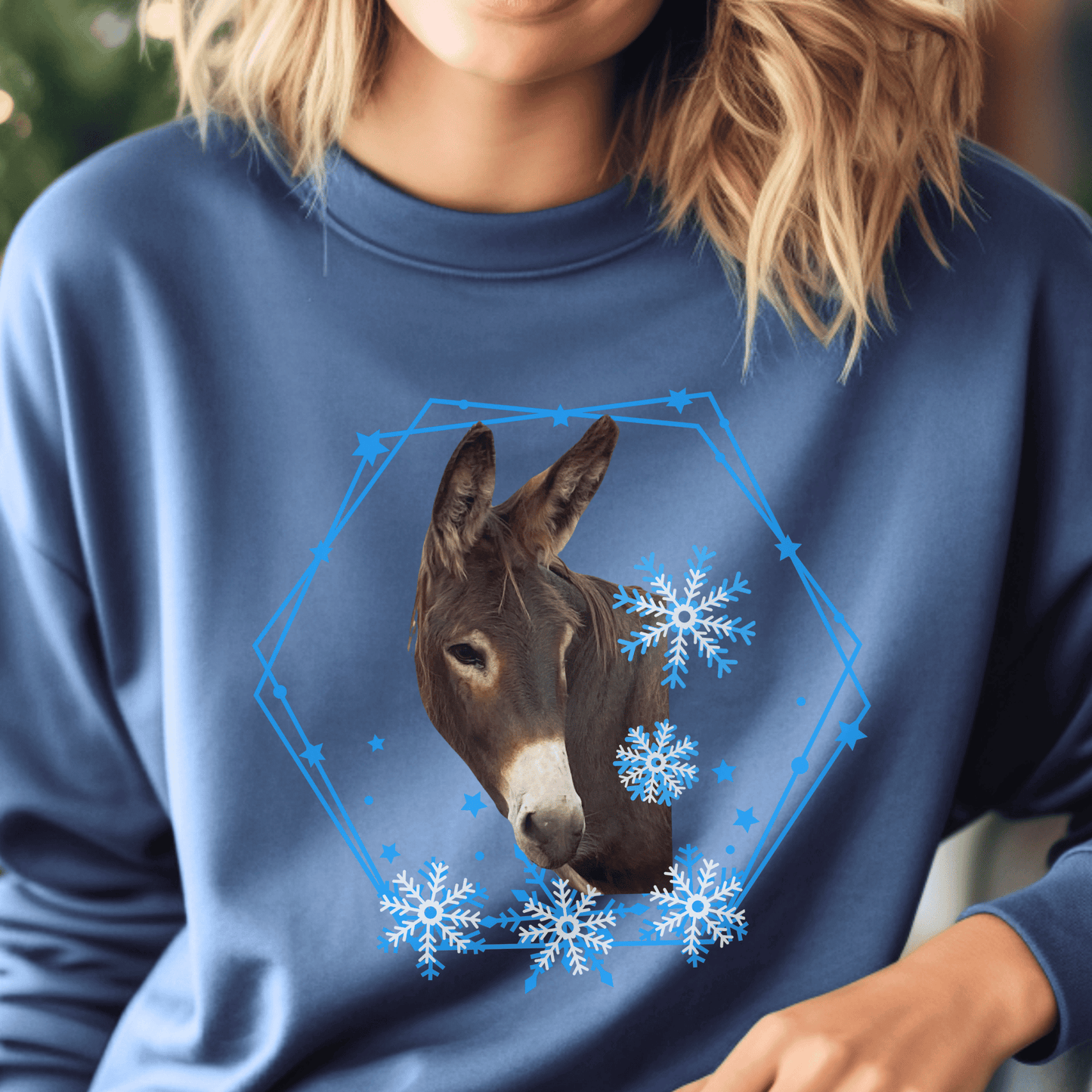 Brown Donkey surrounded by blue and white snowflakes on a crew neck sweatshirt.