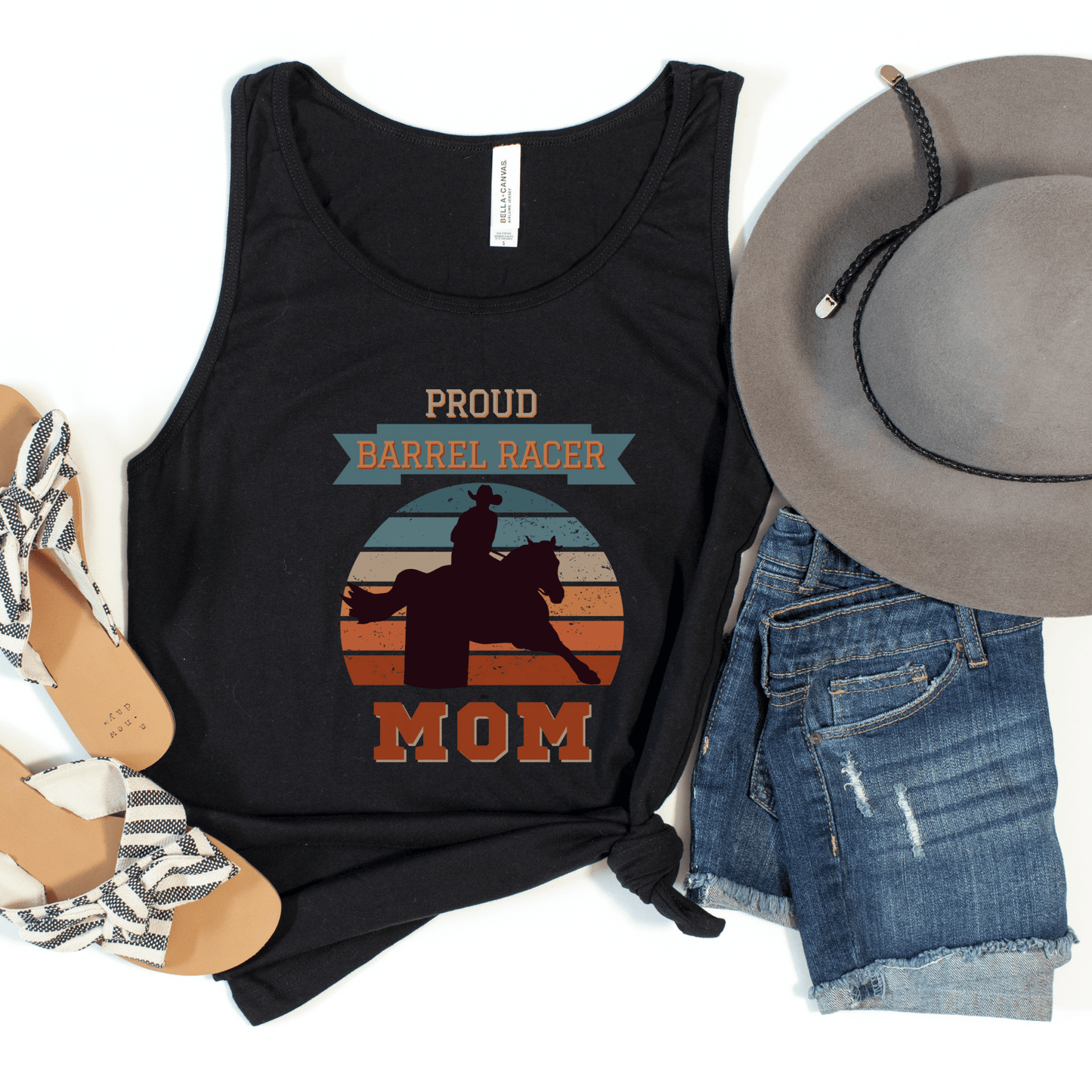 This scoop neck tank top features a retro vintage design of a barrel racer with the text "Proud Barrel Racer Mom". It's a perfect gift for any proud mother of a barrel racer, and the comfortable fit m