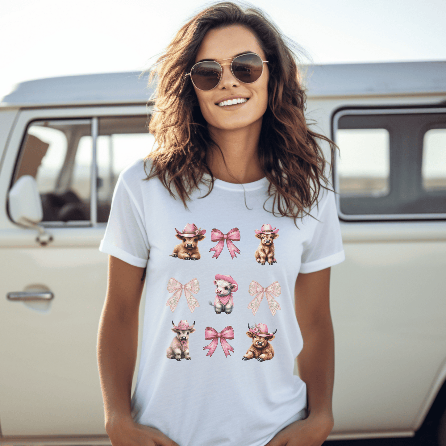 Coquette style design that includes cute highland cow calves and pink ribbions on a high quality t-shirt.