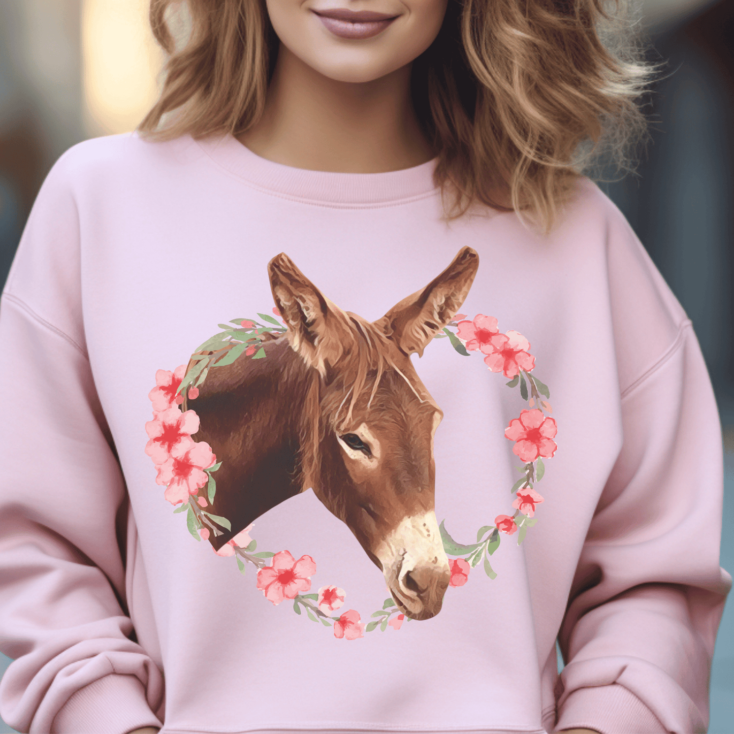 crew Neck sweatshirt with a cute donkey  surrounded by a pink flower wreath.