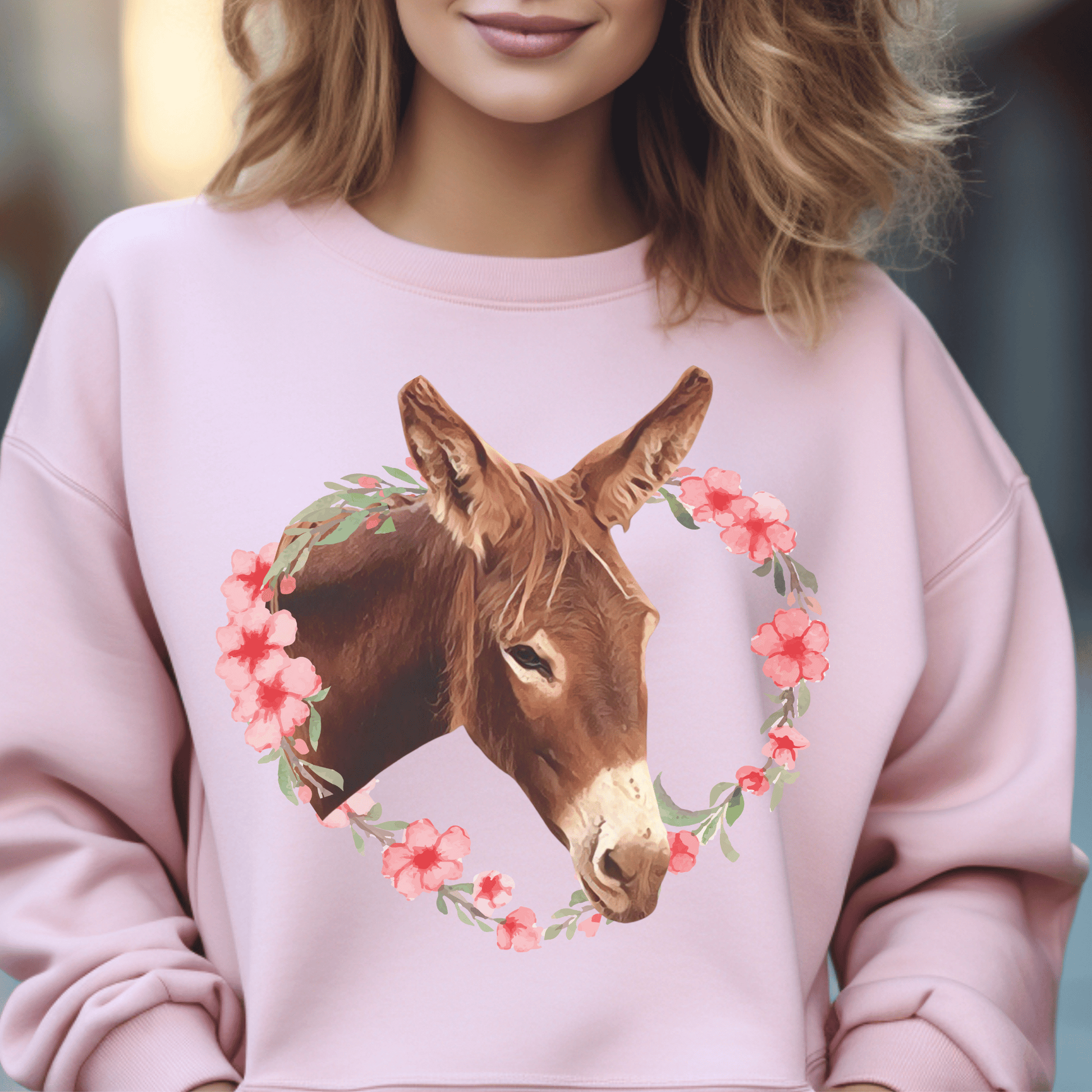 crew Neck sweatshirt with a cute donkey  surrounded by a pink flower wreath.