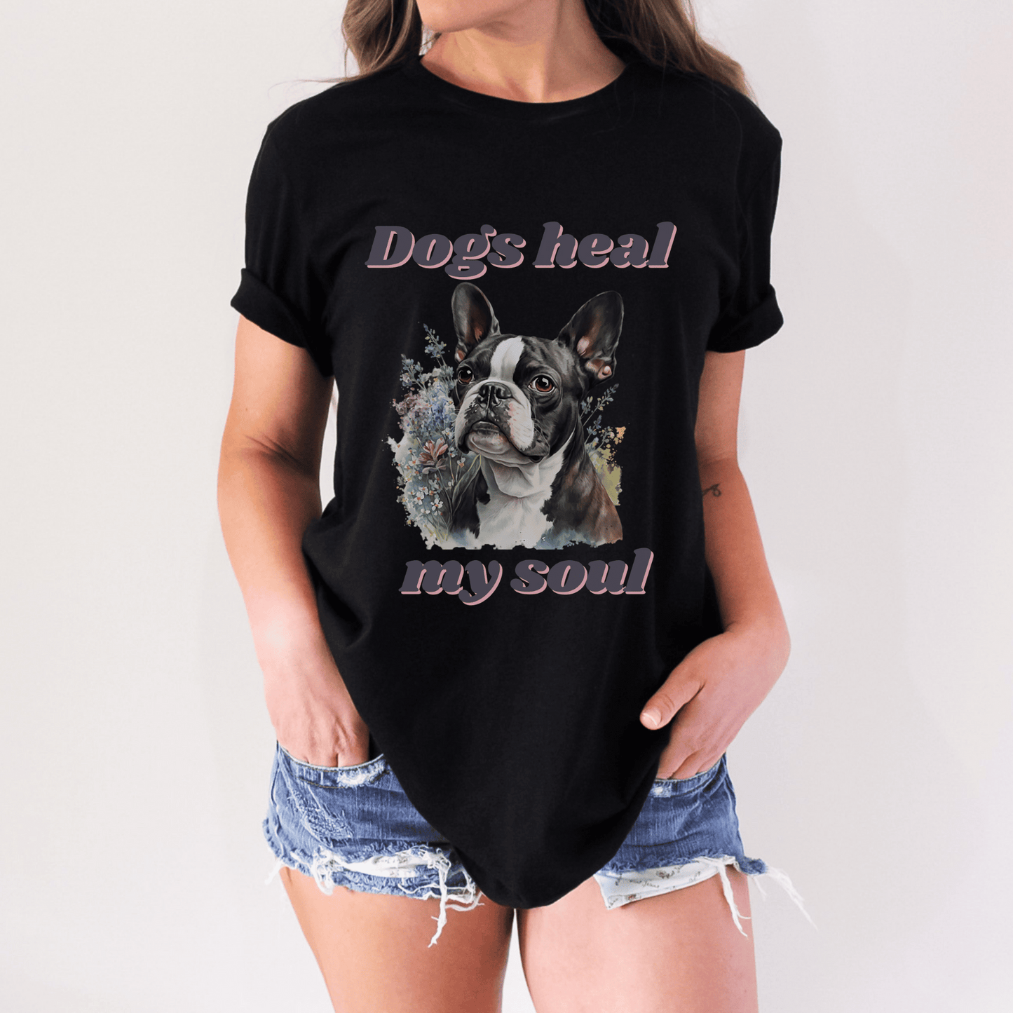 The " Dogs Heal My Soul" t-shirt features a cute Boston Terrier dog design, making it a perfect gift for any dog Momma who loves Boston Terriers. It is a unique and thoughtful gift that is sure to be appreciated.