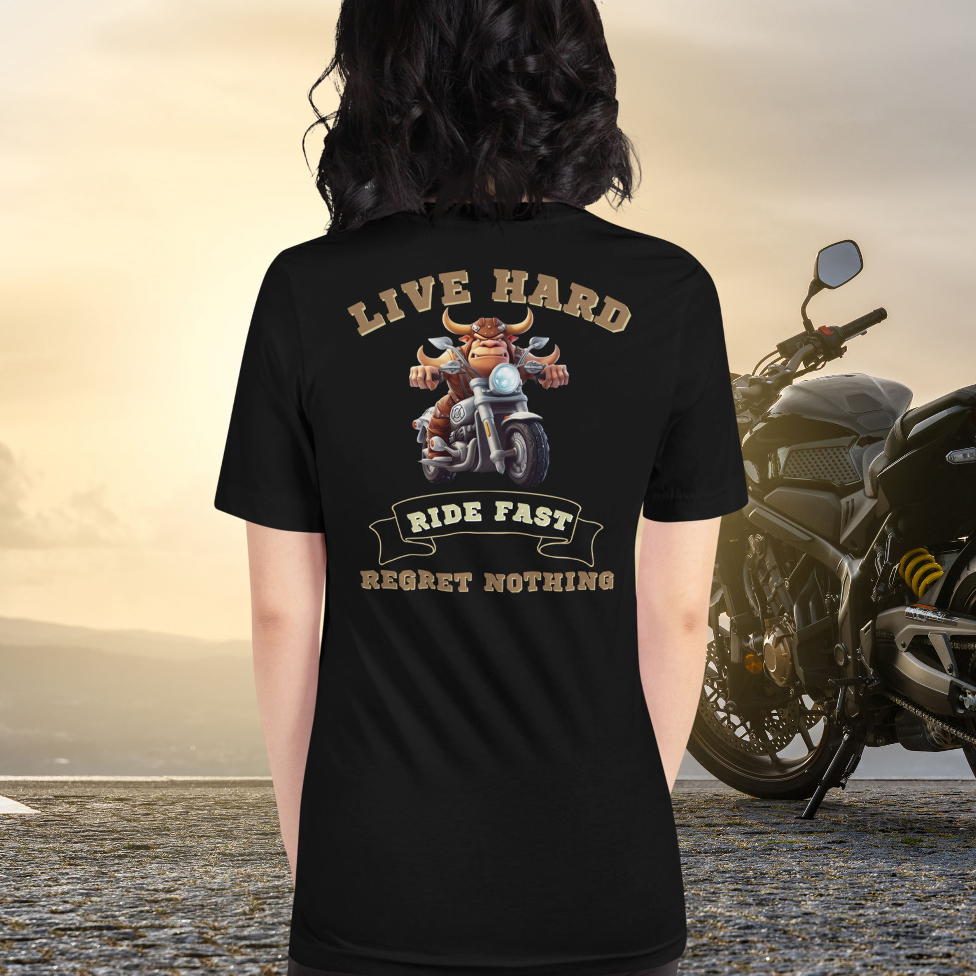 bull riding a motorcycle tee - the ultimate biker shirt for the motorcycle rider who lives hard, rides fast, and has no regrets. This motorcycle graphic tee is the perfect addition to any biker's wardrobe