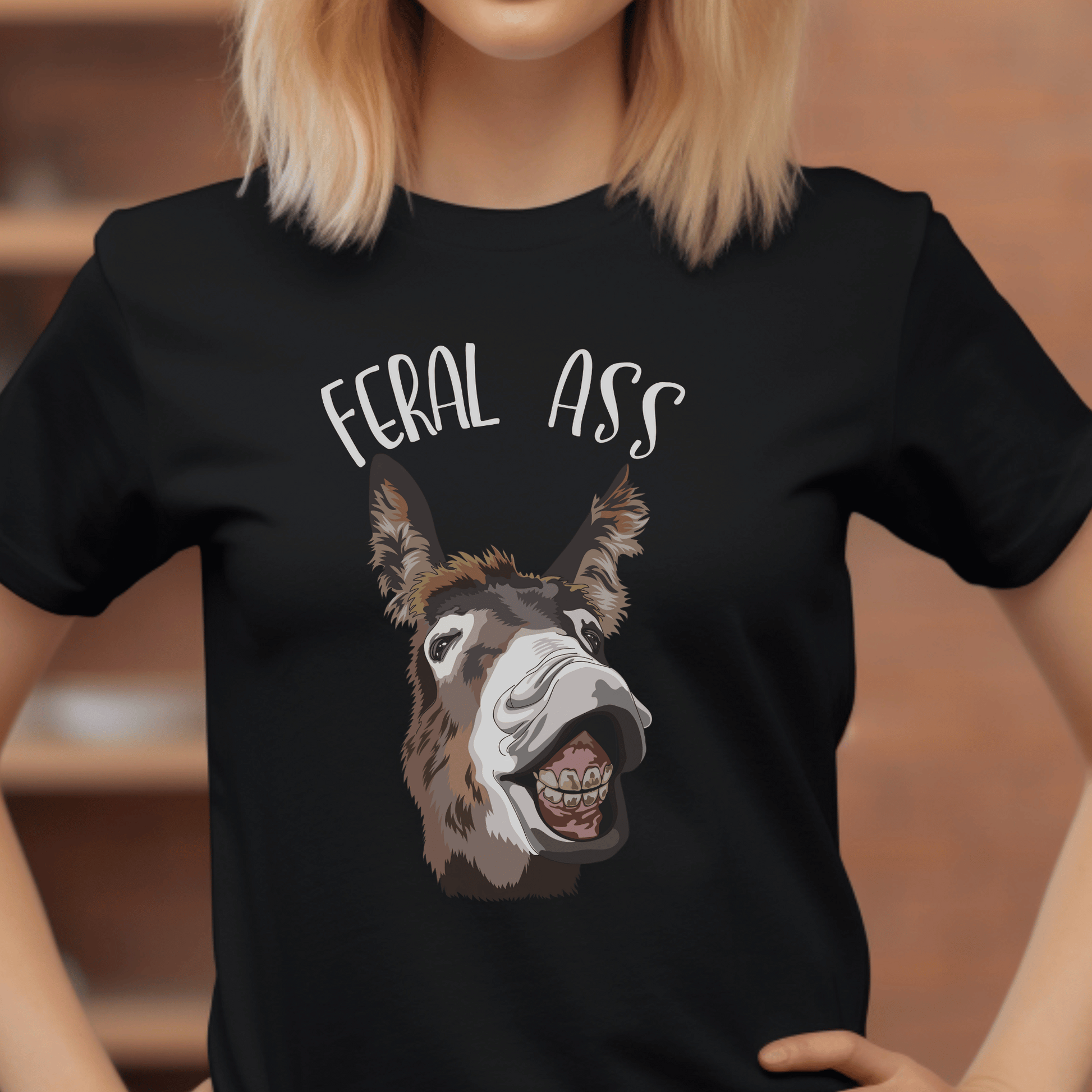 Smart Alec T-shirt featuring a playful donkey graphic and the humorous saying feral ass. This fun and lighthearted tee is perfect for anyone with a witty sense of humor and a love for unique designs