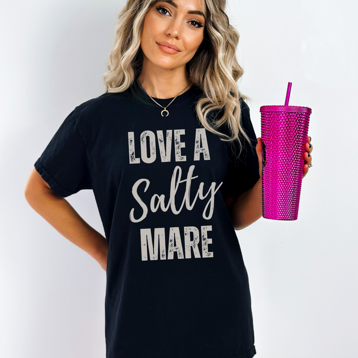 graphic tee with the saying love a salty Mare in a vintage font printed on a comfort colors tee.