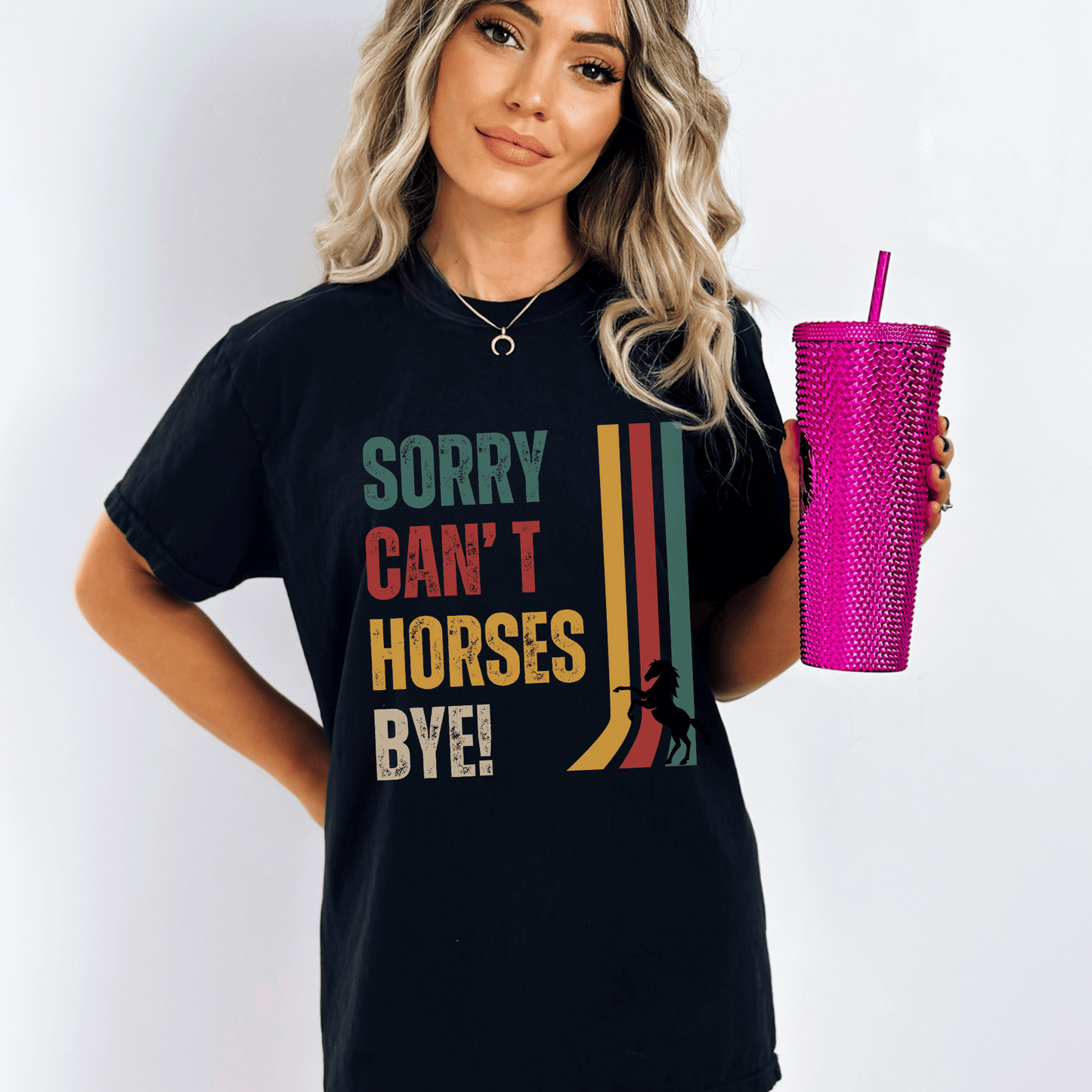 Vintage  design with the words Sorry, Can't, Horses, Bye! printed on a crew neck comfort colors tee