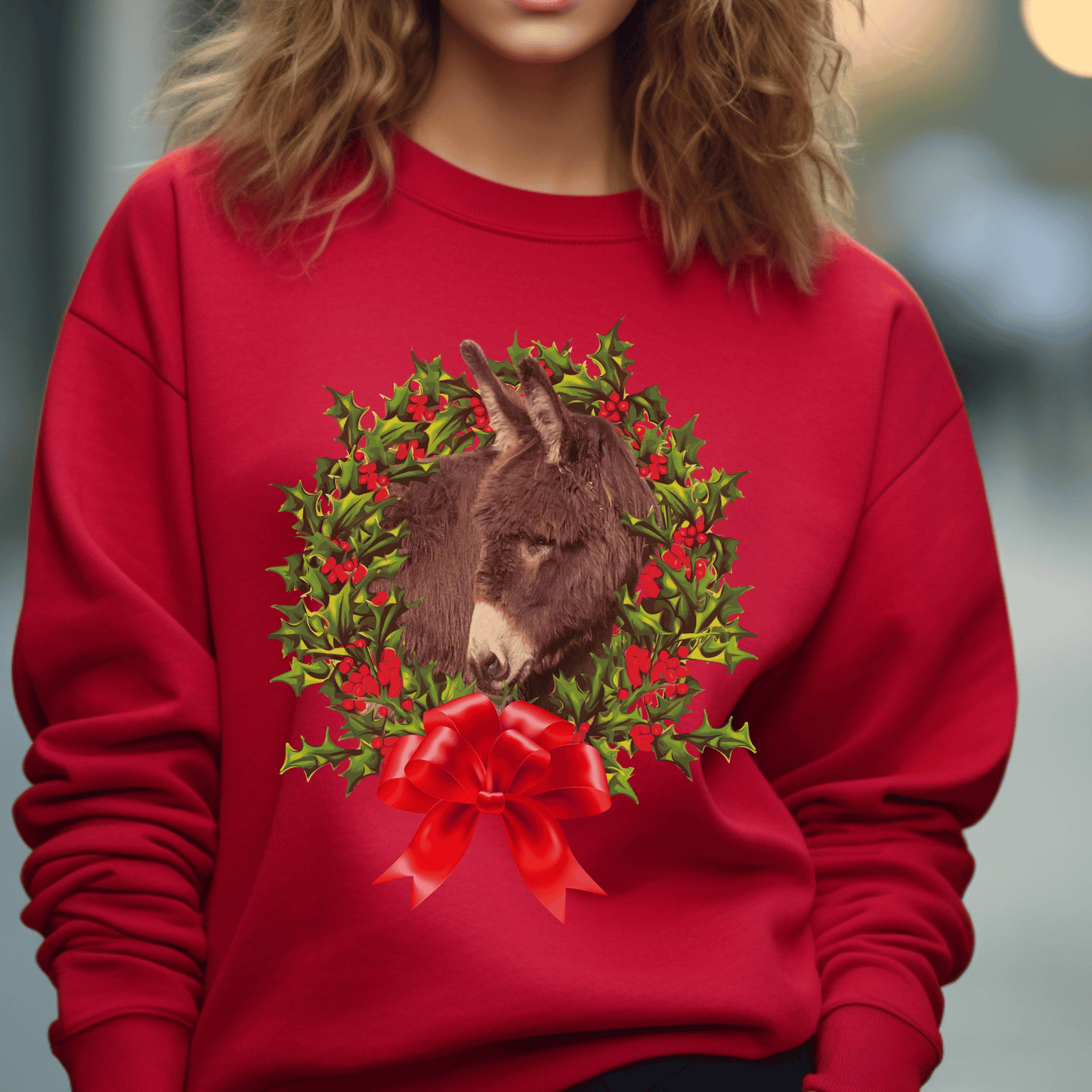 Adorable Donkey and Christmas Wreath Crew Neck Sweatshirt - Perfect Gift for Donkey Lovers and Farm Animal Fanatics!