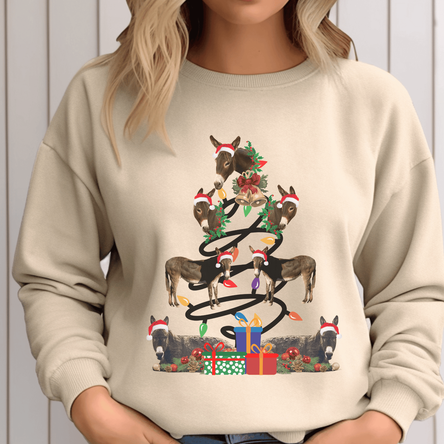 Several Donkeys making up the Christmas tree on a crew neck sweatshirt.