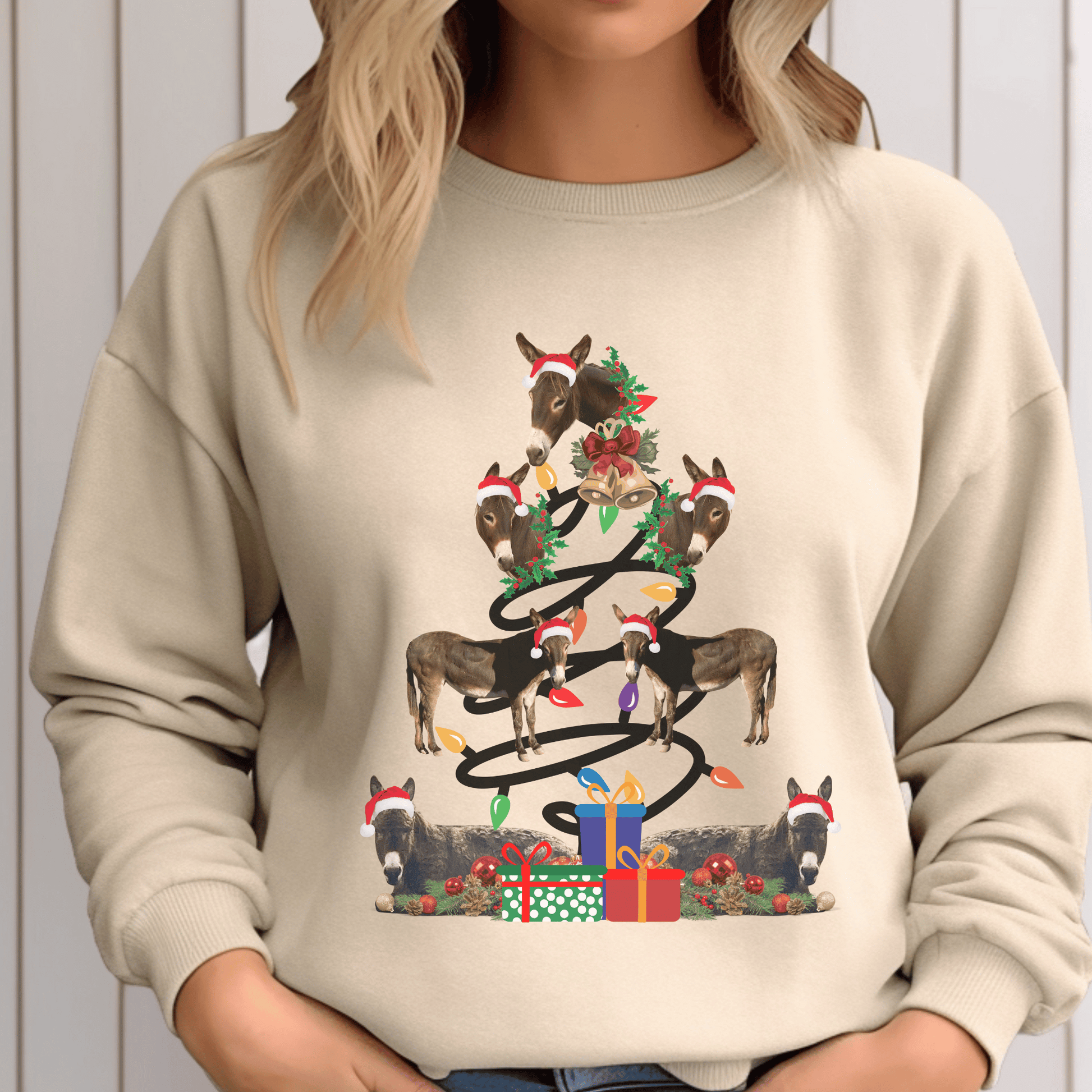 Several Donkeys making up the Christmas tree on a crew neck sweatshirt.