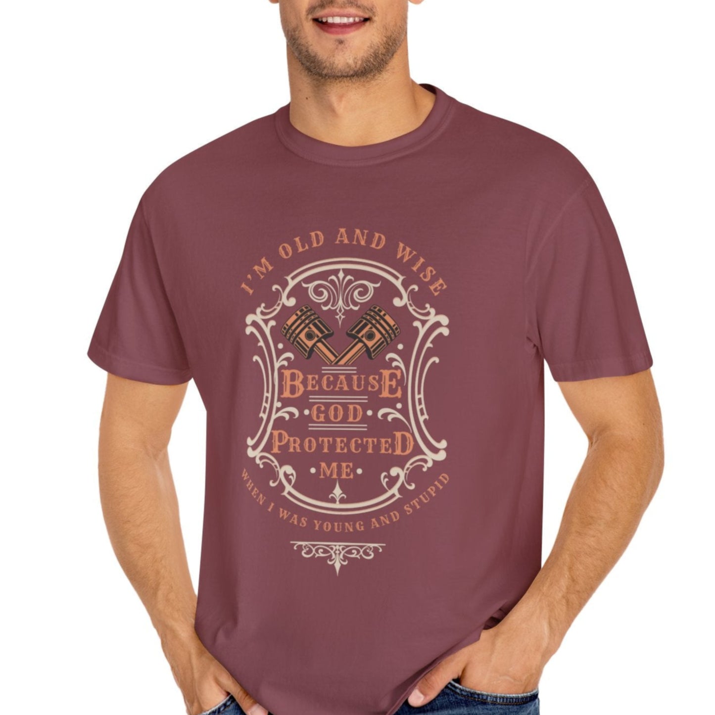 Funny t-shirt that perfectly captures the wisdom that comes with age and the protection of God! This witty shirt features the humorous phrase old and wise because God protected me when I was young and stupid.