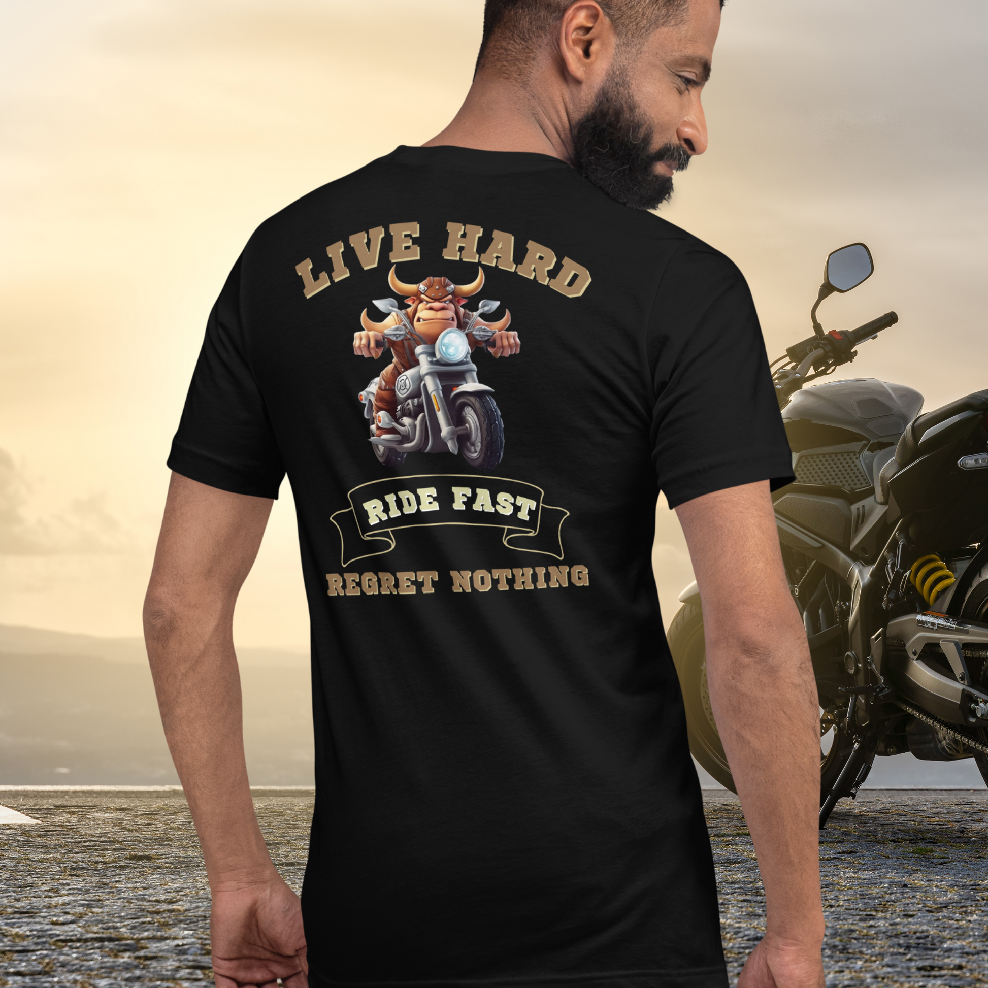 bull riding a motorcycle tee - the ultimate biker shirt for the motorcycle rider who lives hard, rides fast, and has no regrets. This motorcycle graphic tee is the perfect addition to any biker's wardrobe