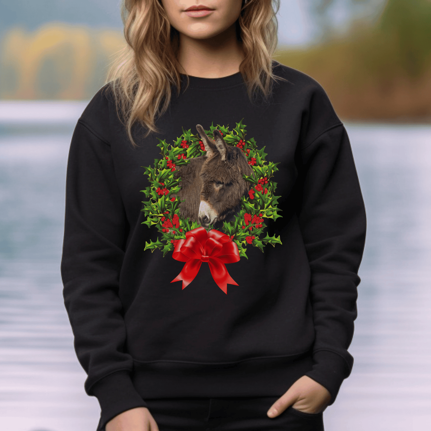 Adorable Donkey and Christmas Wreath Crew Neck Sweatshirt - Perfect Gift for Donkey Lovers and Farm Animal Fanatics!