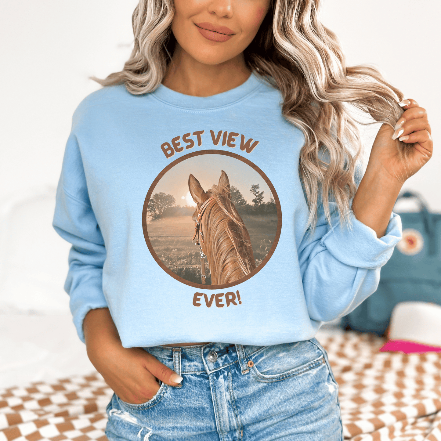 Best View Ever saying with a chestnut horse looking at the sunrise On a crew neck sweatshirt.