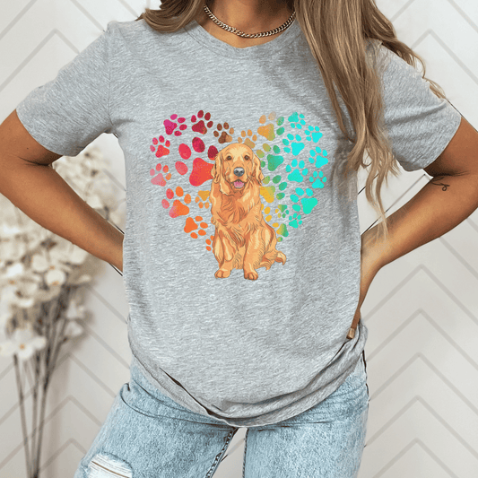 Show off your love for your Golden Retriever pup with this unique heart print t-shirt. An ideal pet parent top, this Golden Retriever t-shirt is the perfect gift for any dog mom or dog owner. Show your pooch that you care with this one-of-a-kind 