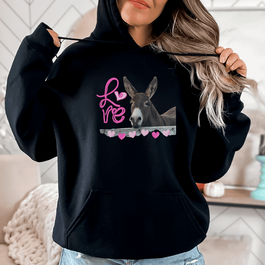 Donkey love cozy go-to hoodie to curl up in for Valentines Day our Cute animal Love themed design is so that's soft, smooth, and stylish