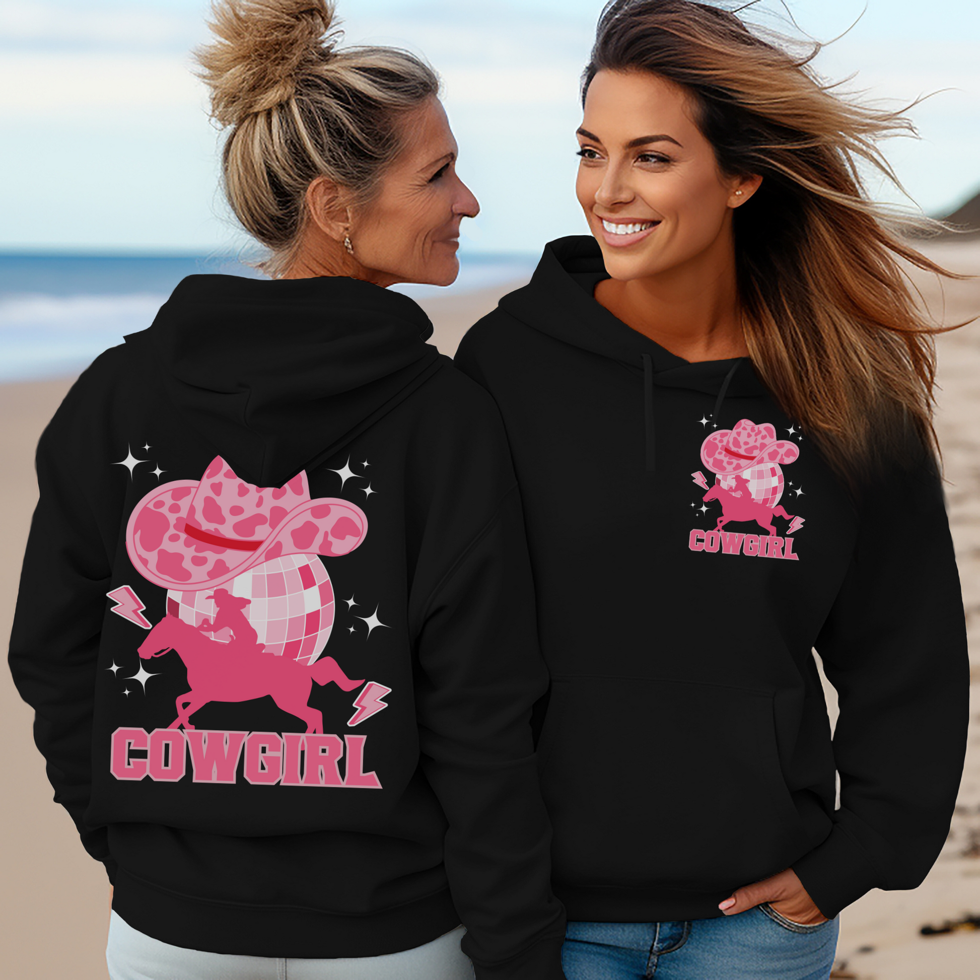 Disco Cowgirl, meets space cowgirl design on the back In a large design and a small print on the left chest area printed on a pullover hoodie.