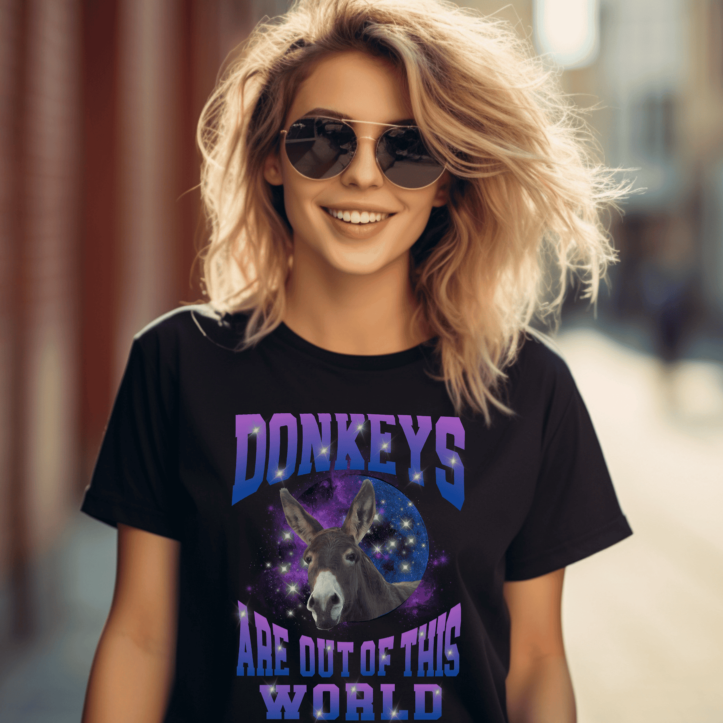 Galaxy print design with a cute donkey and the saying Donkeys are out of this world on a crewneck t-shirt.