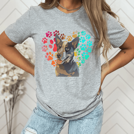 This Blue Heeler t-shirt features a paw print heart in the background, making it a unique and thoughtful gift for dog lovers, pet owners, and Blue Heeler. The shirt is perfect for anyone who wants to show off their love for their furry friend.