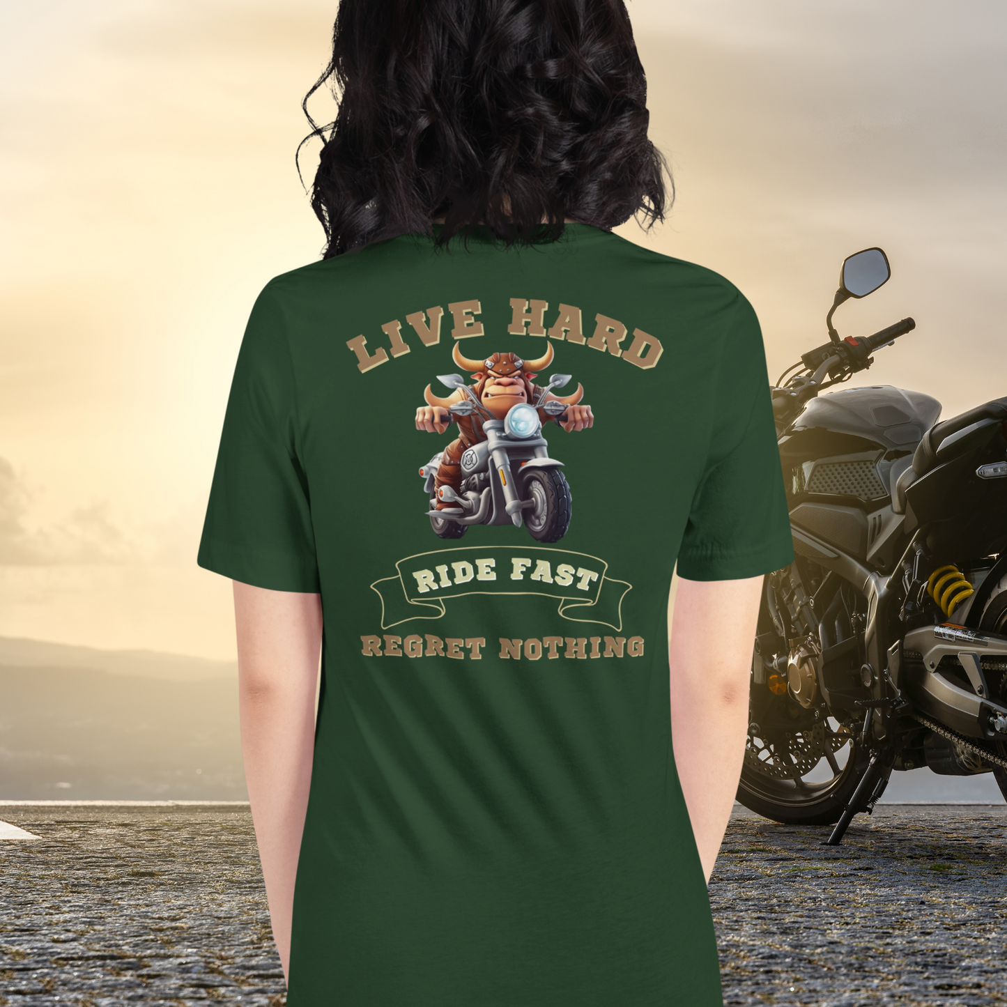 bull riding a motorcycle tee - the ultimate biker shirt for the motorcycle rider who lives hard, rides fast, and has no regrets. This motorcycle graphic tee is the perfect addition to any biker's wardrobe