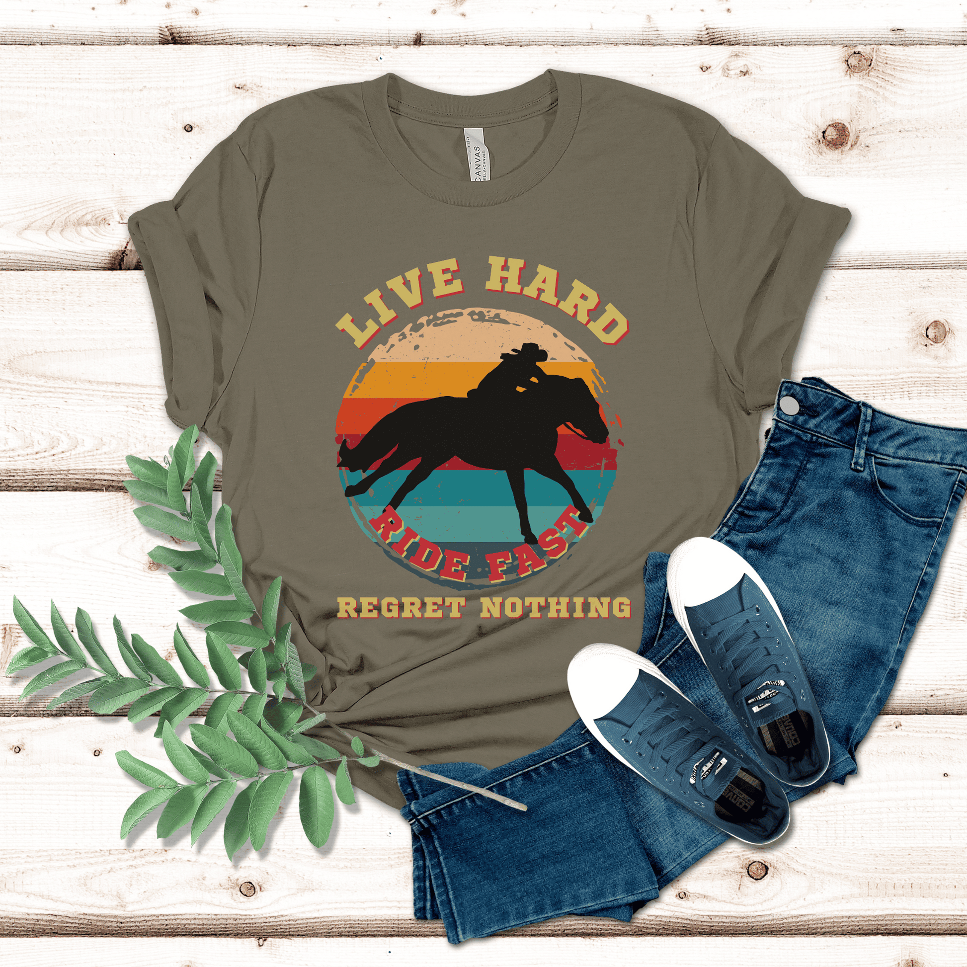 Live Hard Ride Fast Vintage horse design on a t-shirt! This unique and stylish piece is perfect for horse lovers and those who embrace a free-spirited lifestyle. The vintage horse design adds a touch of nostalgia and showcases your love for all things equine. 