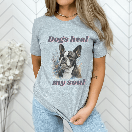 The " Dogs Heal My Soul" t-shirt features a cute Boston Terrier dog design, making it a perfect gift for any dog Momma who loves Boston Terriers. It is a unique and thoughtful gift that is sure to be appreciated.