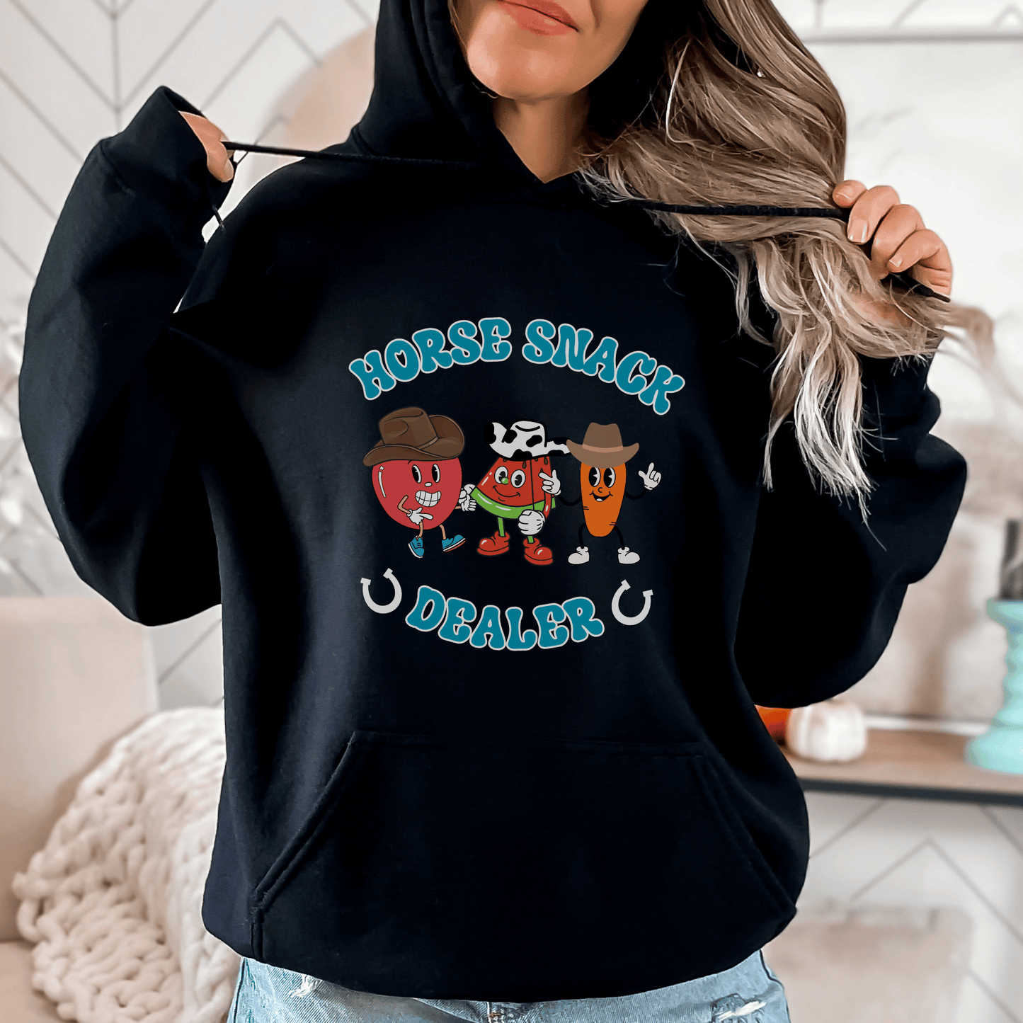 Cute Retro Character Horse Snack Dealer Hoodie! This quirky and adorable hoodie will surely capture everyone's attention with its unique design. Made from high-quality materials, it is not only comfortable to wear but also durable for everyday use. The retro character horse design adds a touch of nostalgia, while the snack dealer inscription adds a playful twist. 