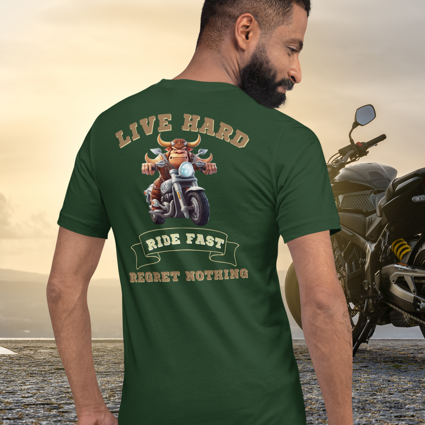 bull riding a motorcycle tee - the ultimate biker shirt for the motorcycle rider who lives hard, rides fast, and has no regrets. This motorcycle graphic tee is the perfect addition to any biker's wardrobe