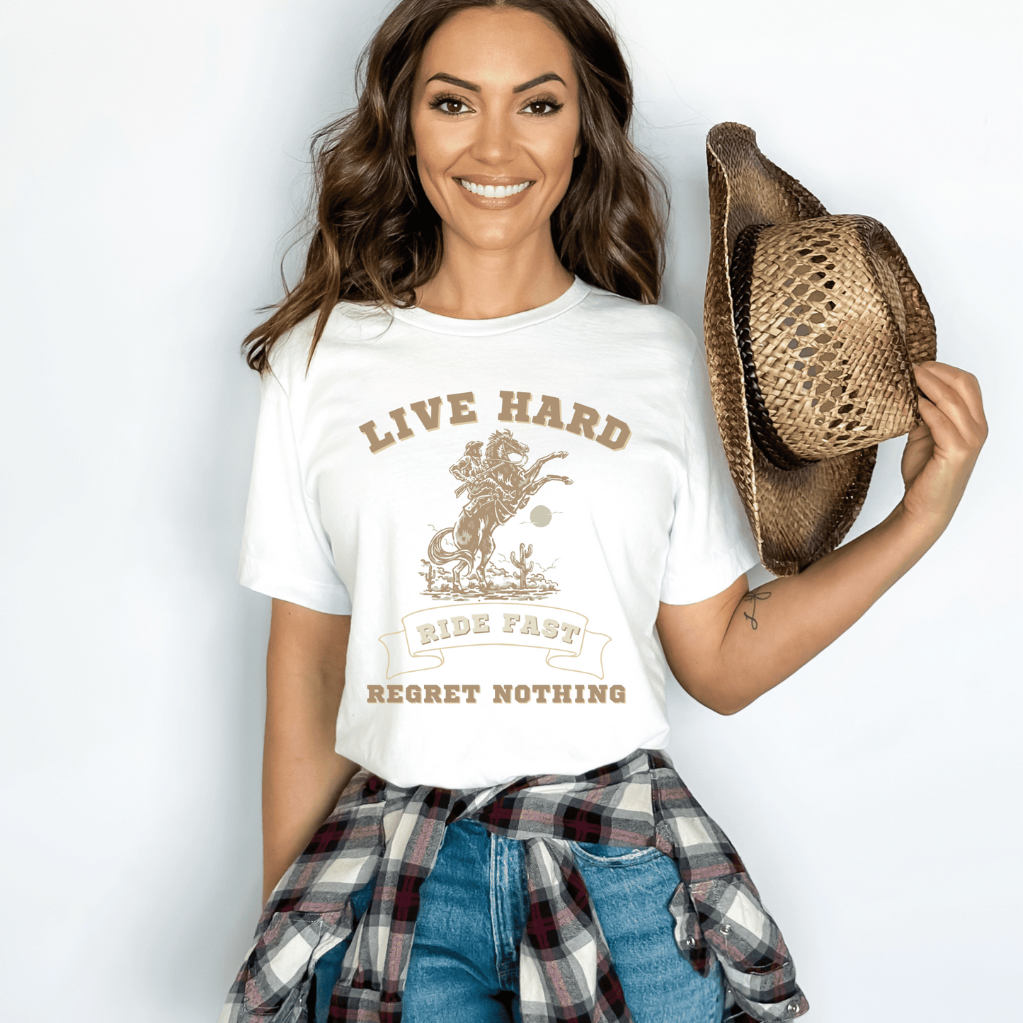 Live Hard Ride Fast western horse design on a t-shirt! Perfect for those who appreciate the nostalgic charm of vintage prints and have a love for horses. This eye-catching t-shirt features a striking horse design that embodies the essence of freedom and adventure.