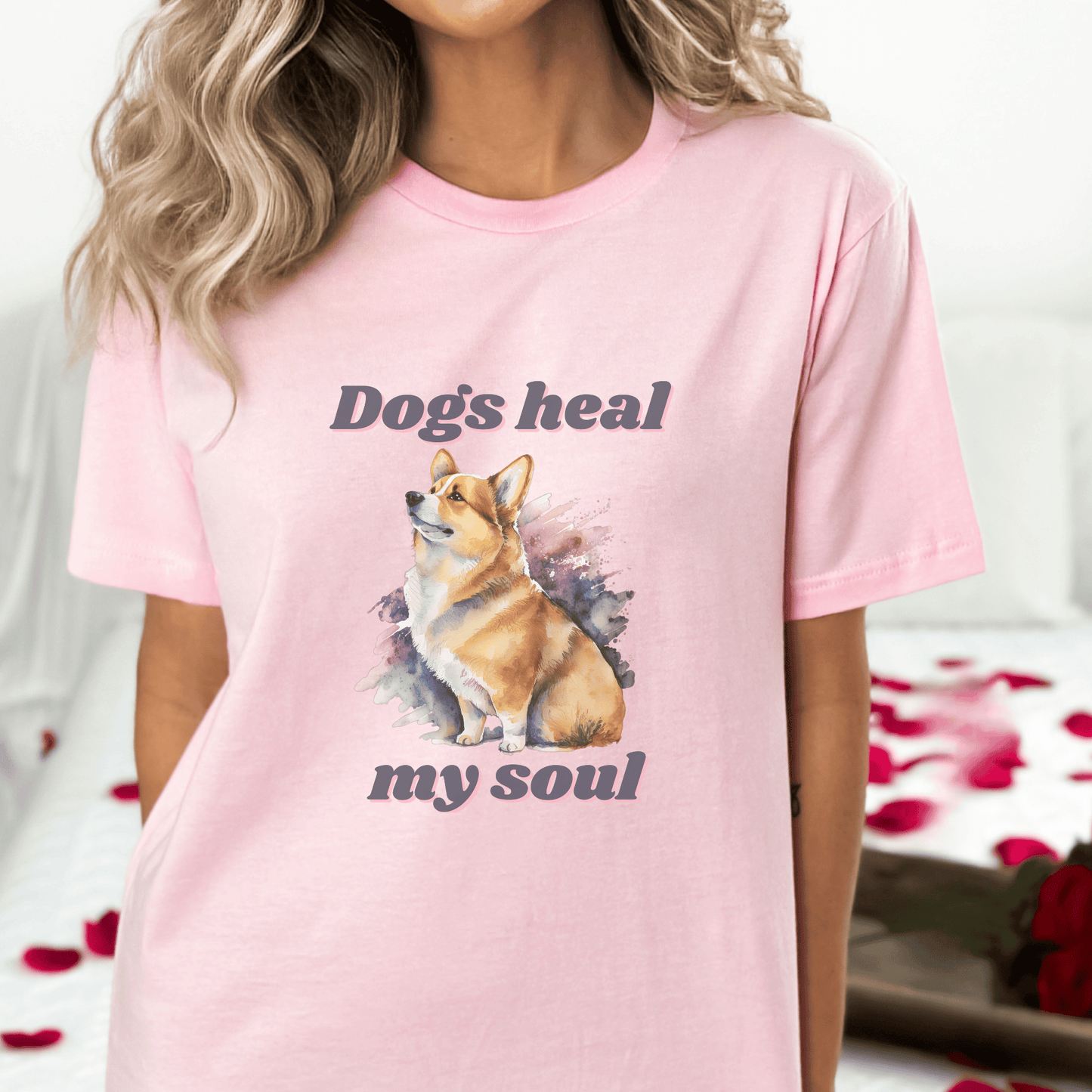 The "Dogs Heal My Soul" t-shirt features a cute corgi dog design, making it a perfect gift for any dog Momma who loves corgis. It is a unique and thoughtful gift that is sure to be appreciated.