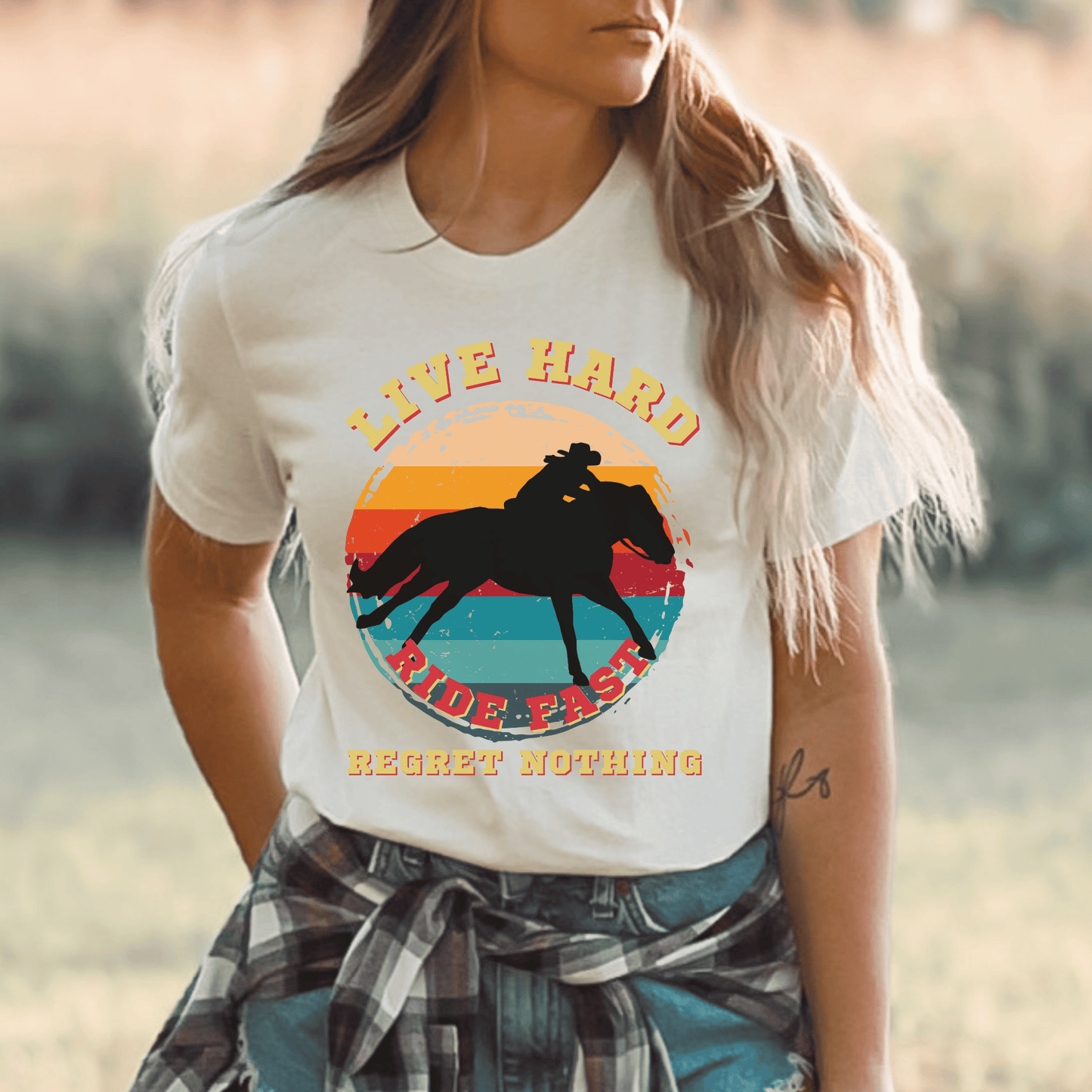 Live Hard Ride Fast Vintage horse design on a t-shirt! This unique and stylish piece is perfect for horse lovers and those who embrace a free-spirited lifestyle. The vintage horse design adds a touch of nostalgia and showcases your love for all things equine. 