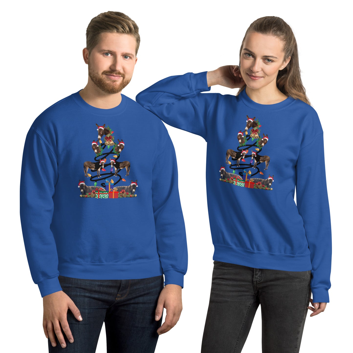 Several Donkeys making up the Christmas tree on a crew neck sweatshirt.