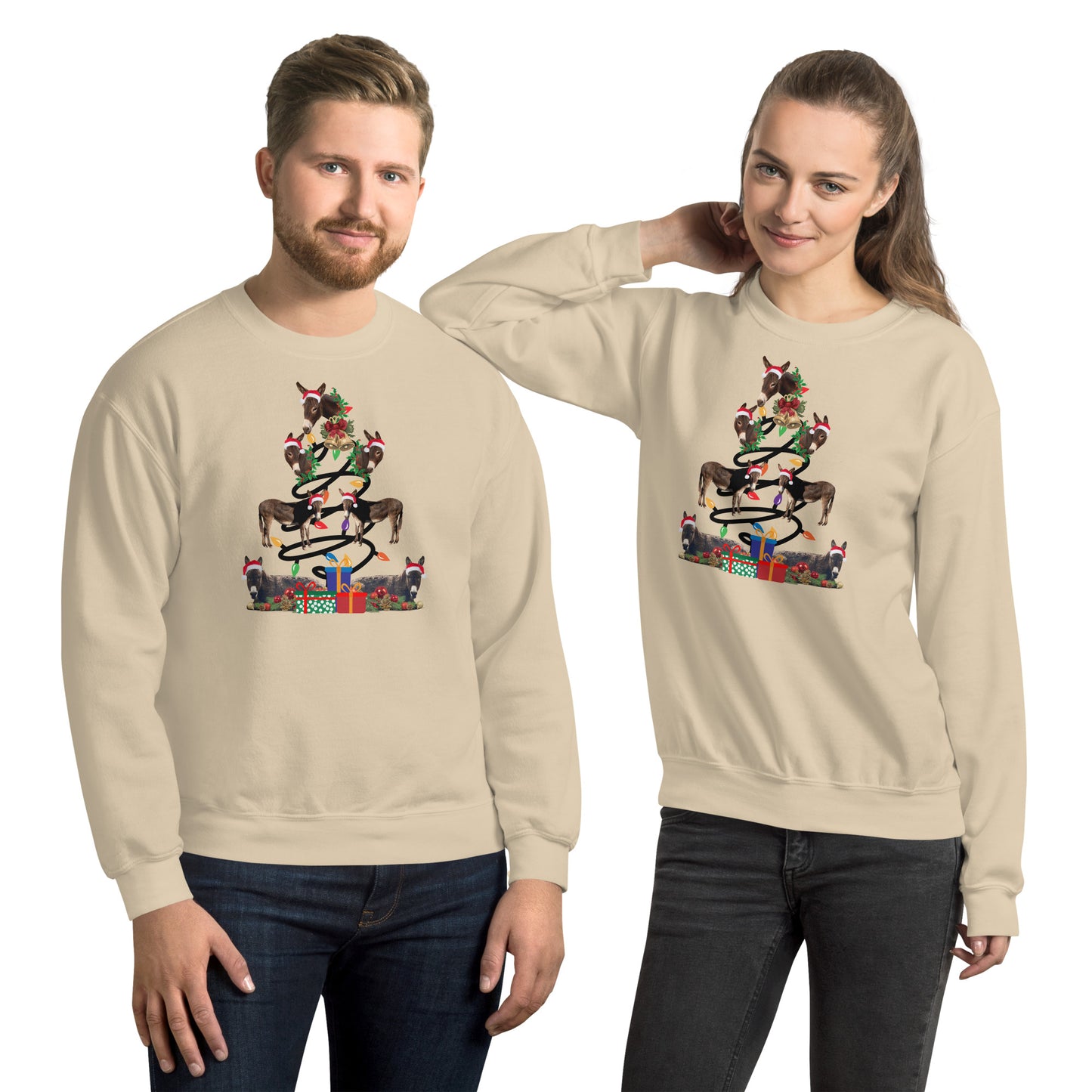 Several Donkeys making up the Christmas tree on a crew neck sweatshirt.