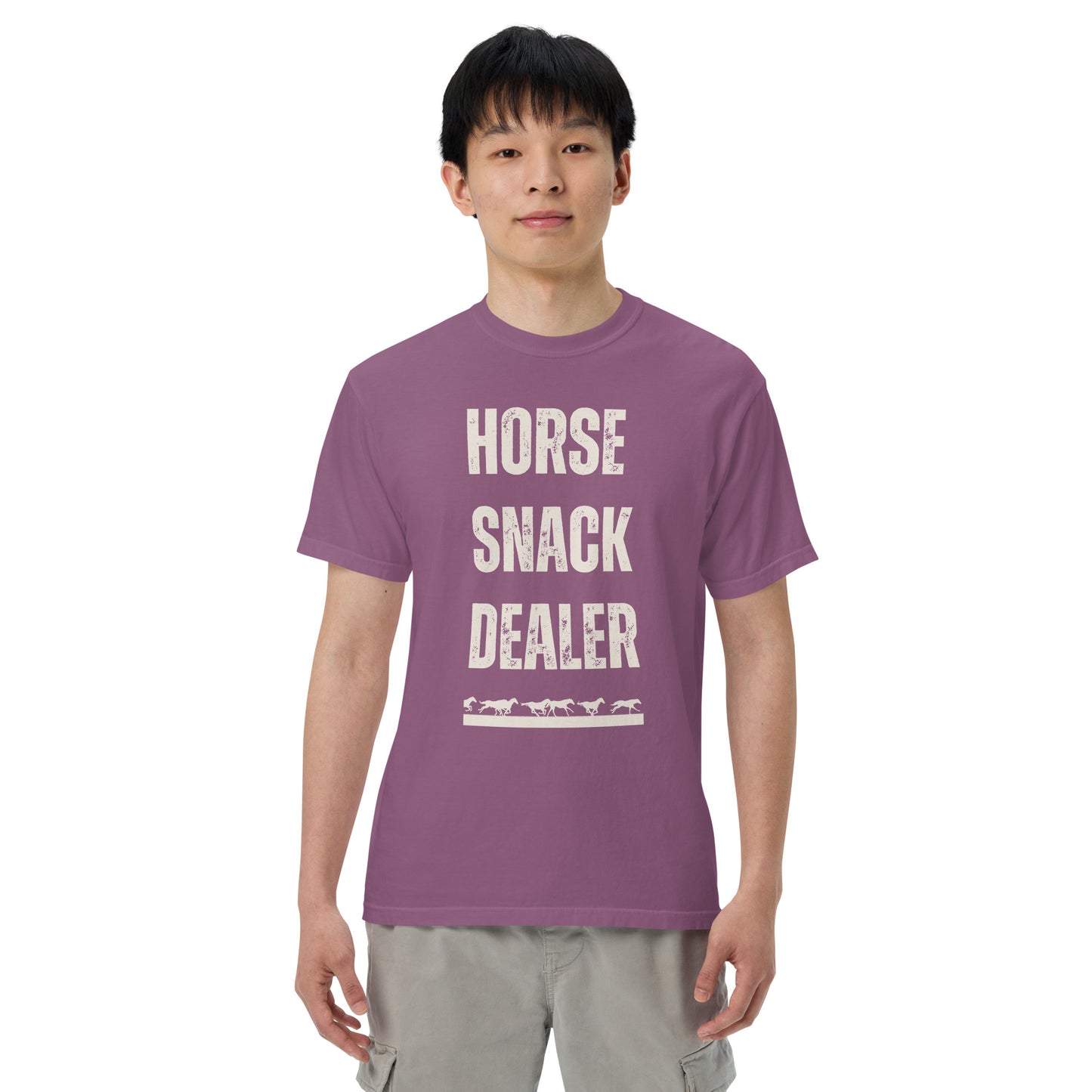 Vintage design with the words Horse snack Dealer printed on a crew neck comfort colors tee.