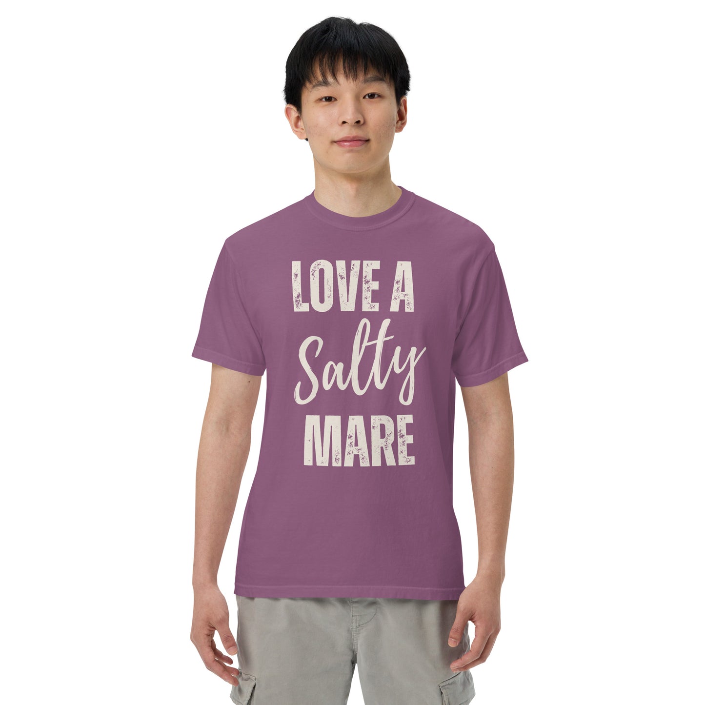 graphic tee with the saying love a salty Mare in a vintage font printed on a comfort colors tee.