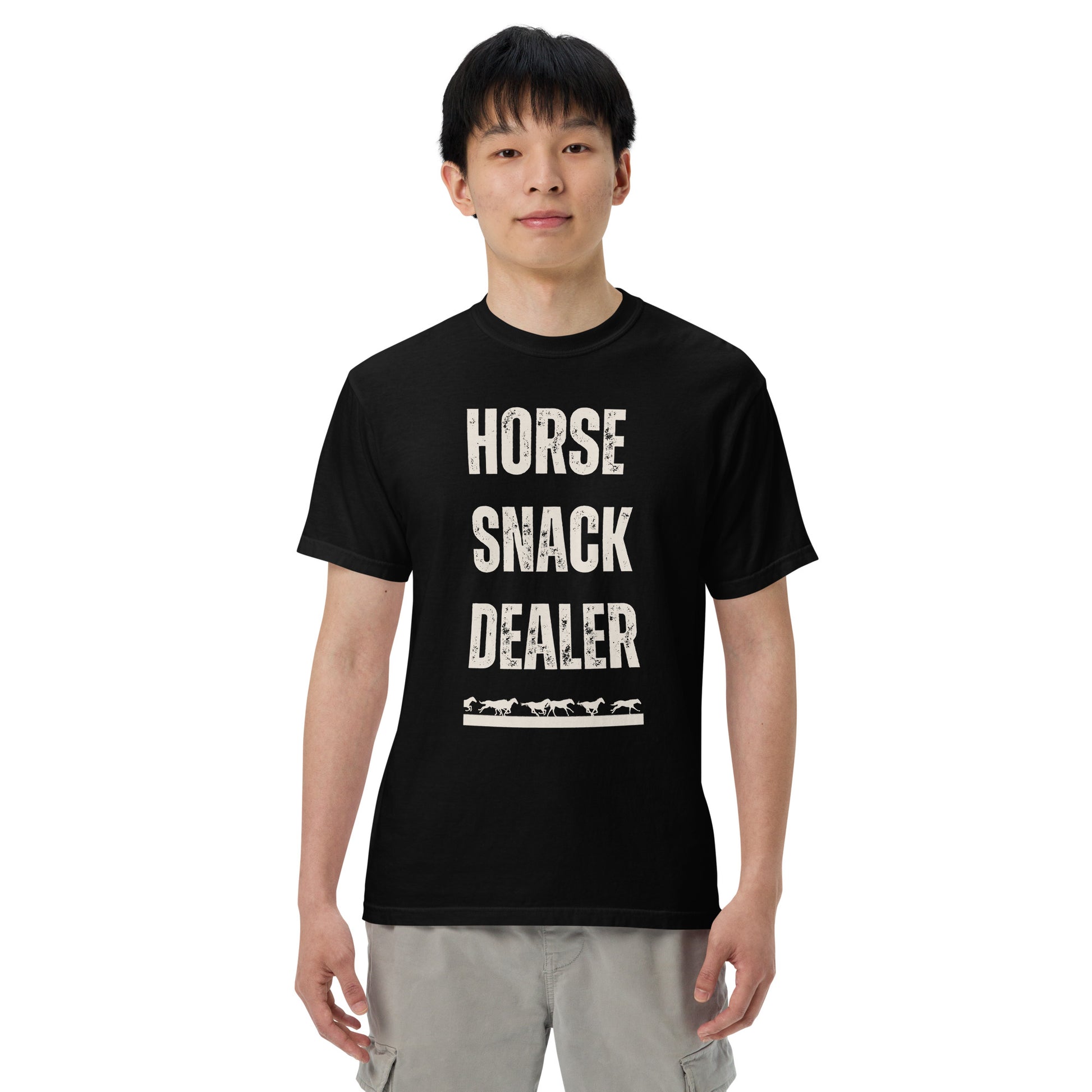 Vintage  design with the words Horse snack Dealer printed on a crew neck comfort colors tee.