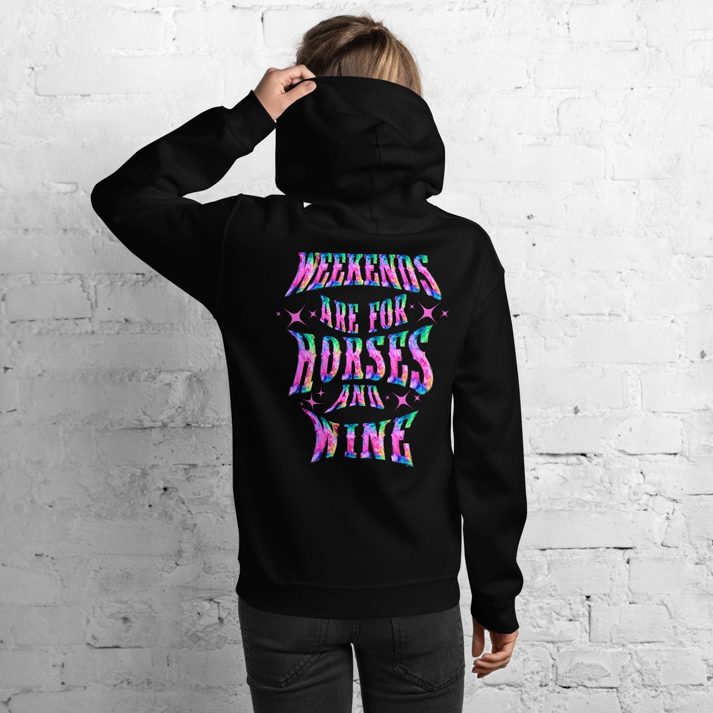 Add a touch of fun to your wardrobe with our horse girl hoodie! With a playful design on the back and tie-dye lettering, this shirt is perfect for casual outings or days spent at the barn. The "Weekends Are for Horses and Wine" message is sure to put a smile on everyone's face, and the comfortable fit ensures that you'll want to wear it all day long. If you are looking for the oversized baggy fit please size up. They run true to size.