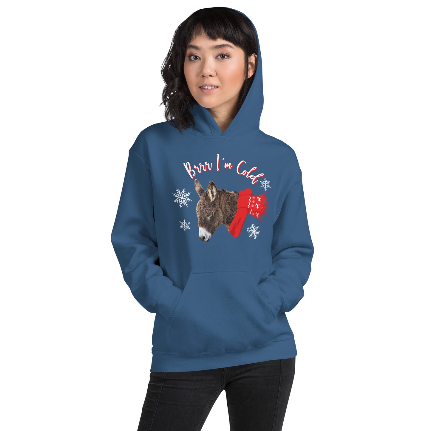 Our new Brr I'm Cold hoodie featuring a cute woolly donkey wearing a vibrant red scarf! This unique design combines the adorable charm of a donkey with the playful phrase Brr I'm Cold.&nbsp;