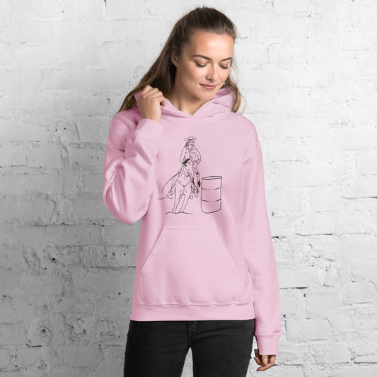 This unique hoodie featuring an eye-catching outline drawing of a barrel racer on the front. Perfect for those who love the thrill of rodeo events, this hoodie showcases the grace and speed of a barrel racer in a stylish and artistic way.