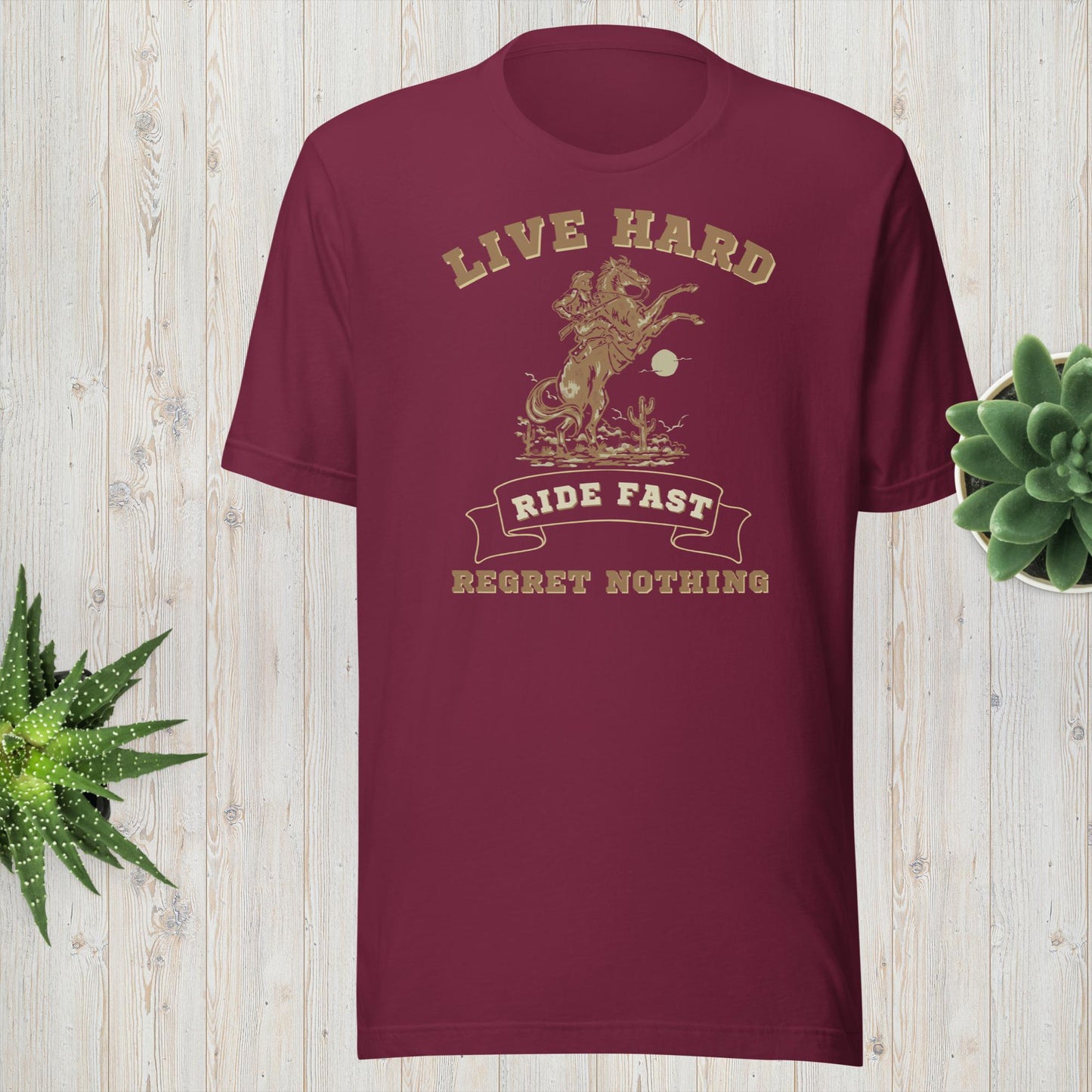 Live Hard Ride Fast western horse design on a t-shirt! Perfect for those who appreciate the nostalgic charm of vintage prints and have a love for horses. This eye-catching t-shirt features a striking horse design that embodies the essence of freedom and adventure.