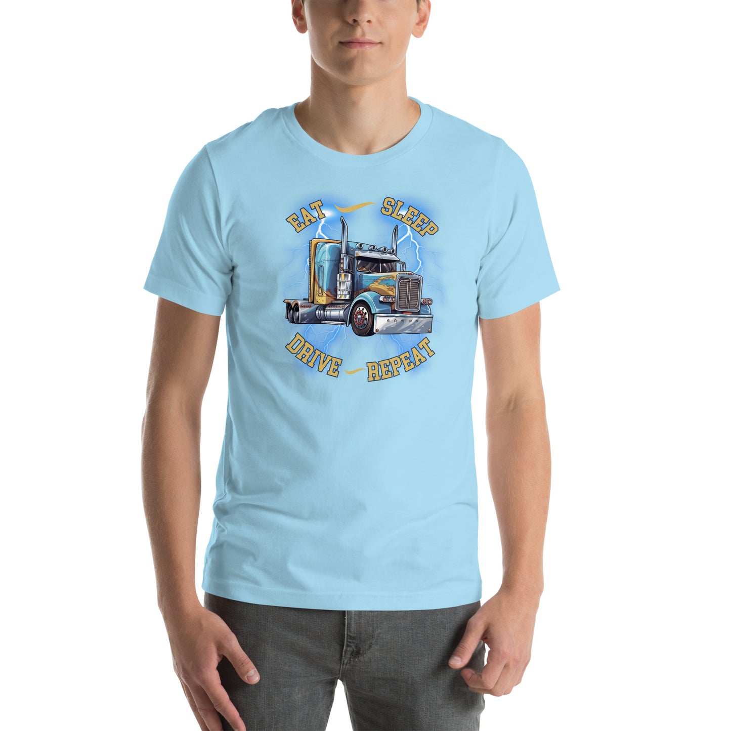  high-quality t-shirt featuring a bold semi-truck design that exudes an adventurous spirit. The eye-catching phrase eat, sleep, drive, repeat adds a touch of charm and character to this classic piece. 