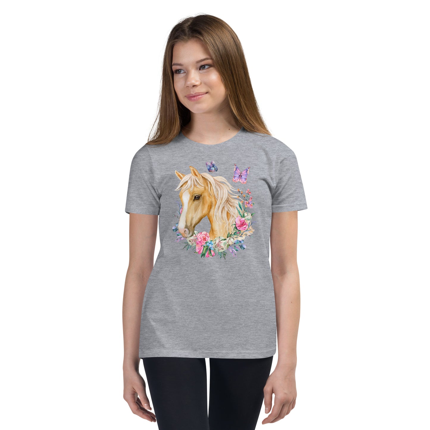  charming Youth T-Shirt adorned with a breathtaking Palomino horse, delicate floral motifs, and enchanting butterfly design.&nbsp; This fashion-forward tee will make your little one feel as graceful as a butterfly and as elegant as a Palomino horse. 