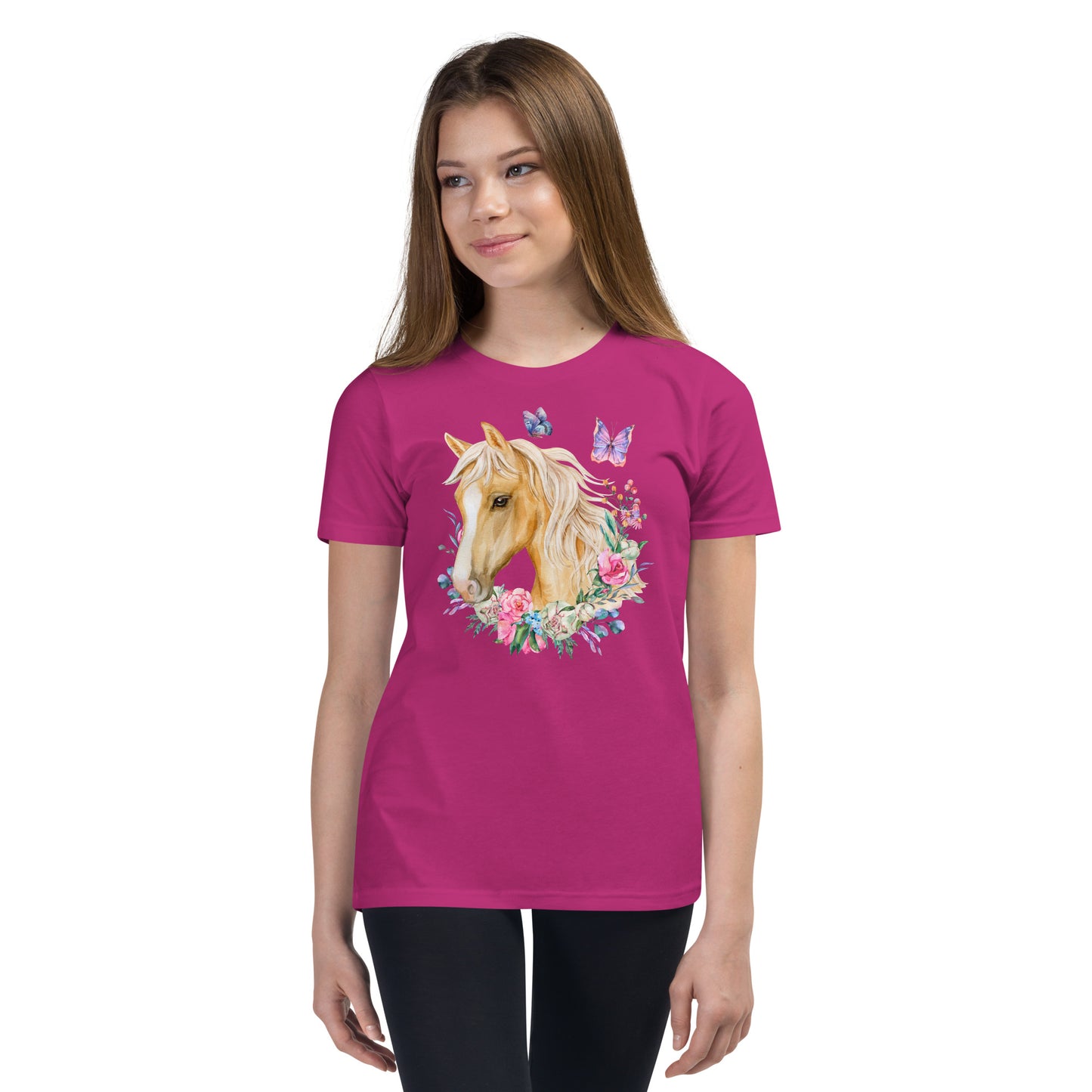  charming Youth T-Shirt adorned with a breathtaking Palomino horse, delicate floral motifs, and enchanting butterfly design.&nbsp; This fashion-forward tee will make your little one feel as graceful as a butterfly and as elegant as a Palomino horse. 