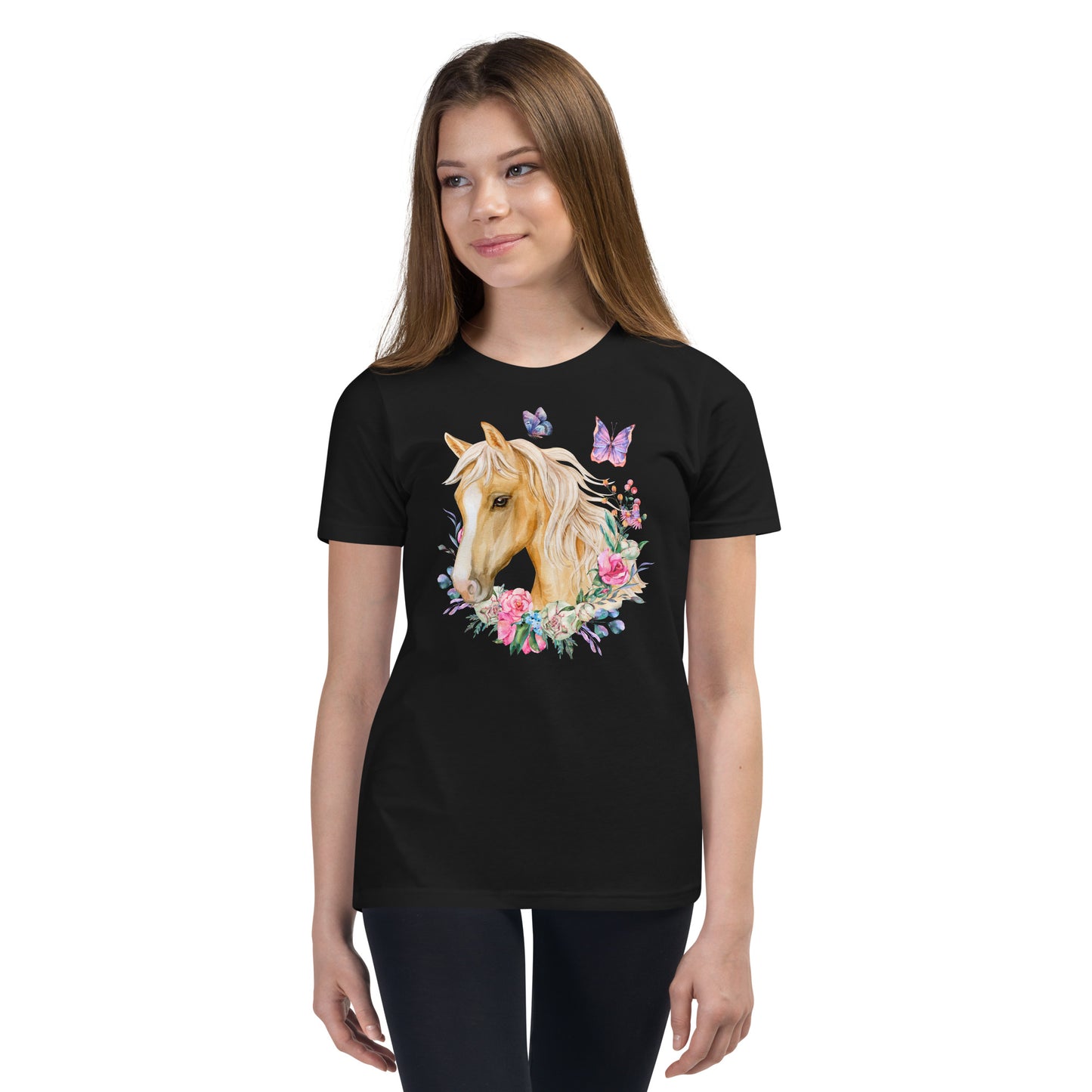  charming Youth T-Shirt adorned with a breathtaking Palomino horse, delicate floral motifs, and enchanting butterfly design.&nbsp; This fashion-forward tee will make your little one feel as graceful as a butterfly and as elegant as a Palomino horse. 