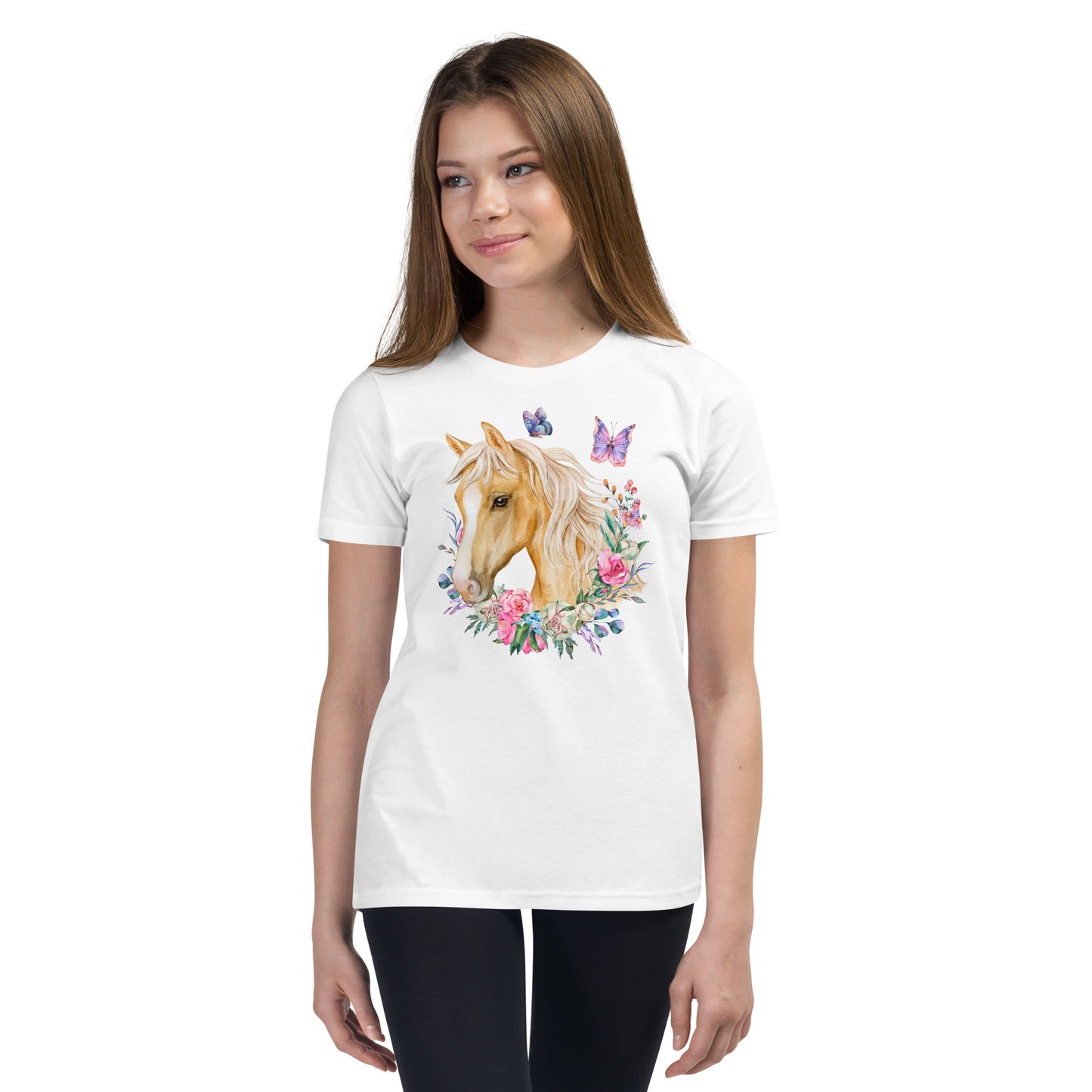  charming Youth T-Shirt adorned with a breathtaking Palomino horse, delicate floral motifs, and enchanting butterfly design.&nbsp; This fashion-forward tee will make your little one feel as graceful as a butterfly and as elegant as a Palomino horse. 