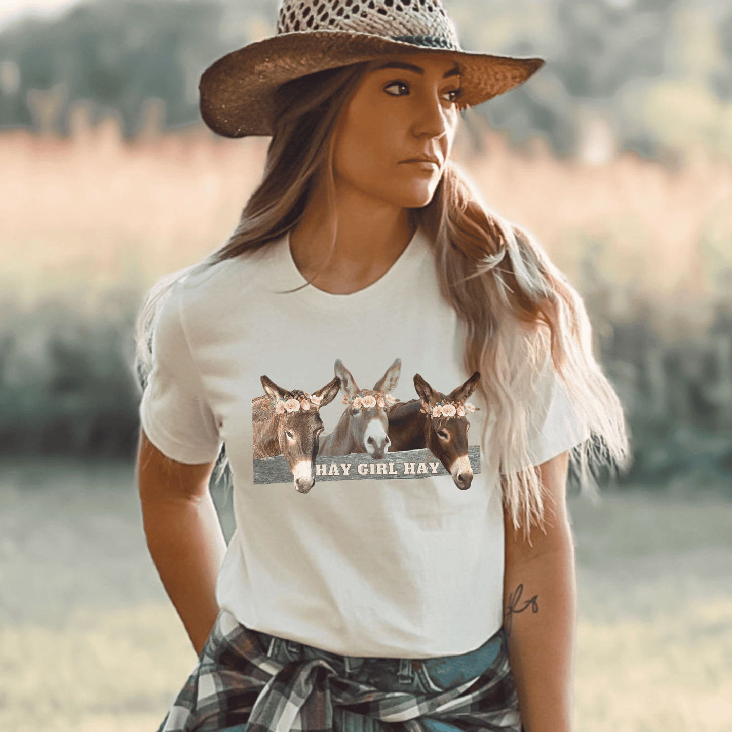 crew neck t-shirt is the perfect gift for any donkey lover! Featuring 3 adorable donkeys peering over a fence and saying "Hay Girl Hay", it's sure to make you smile. The high-quality construction and comfortable fit make it perfect for everyday wear