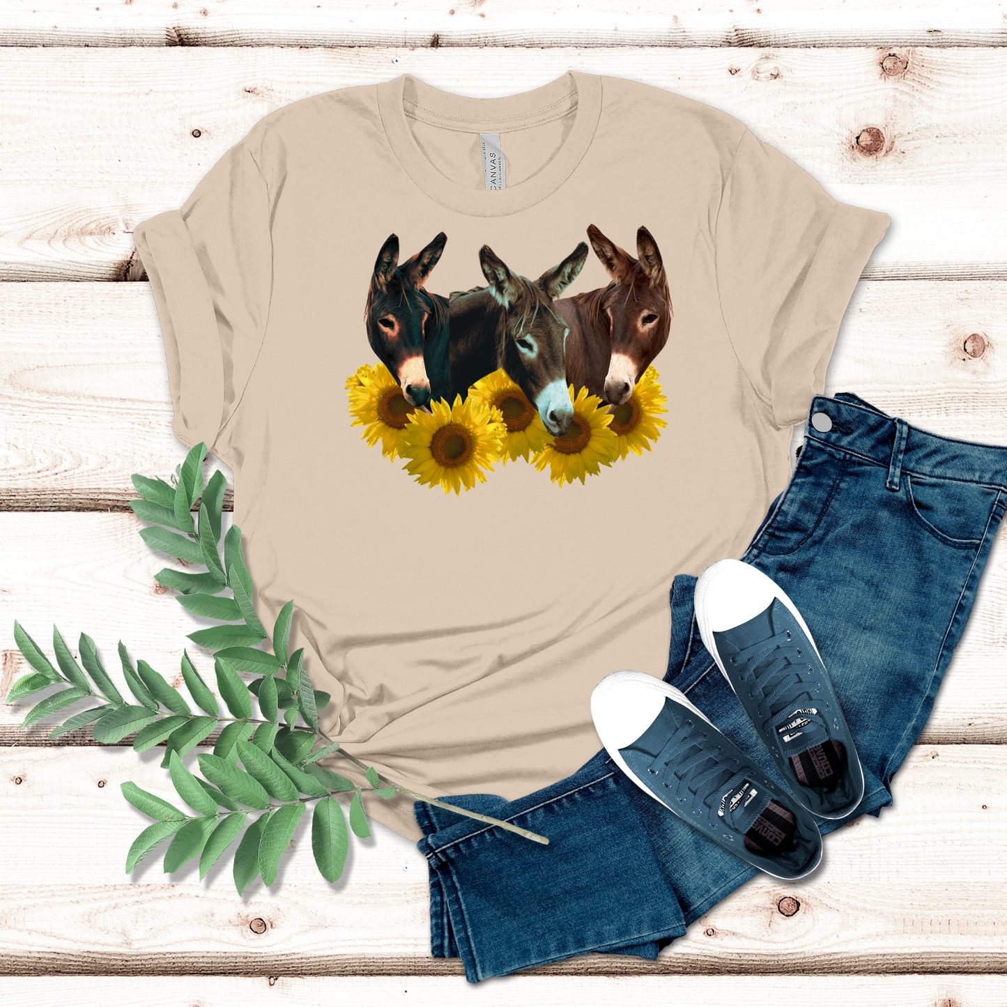 Three Donkey Heads surrounded by sunflowers on a crew neck t-shirt