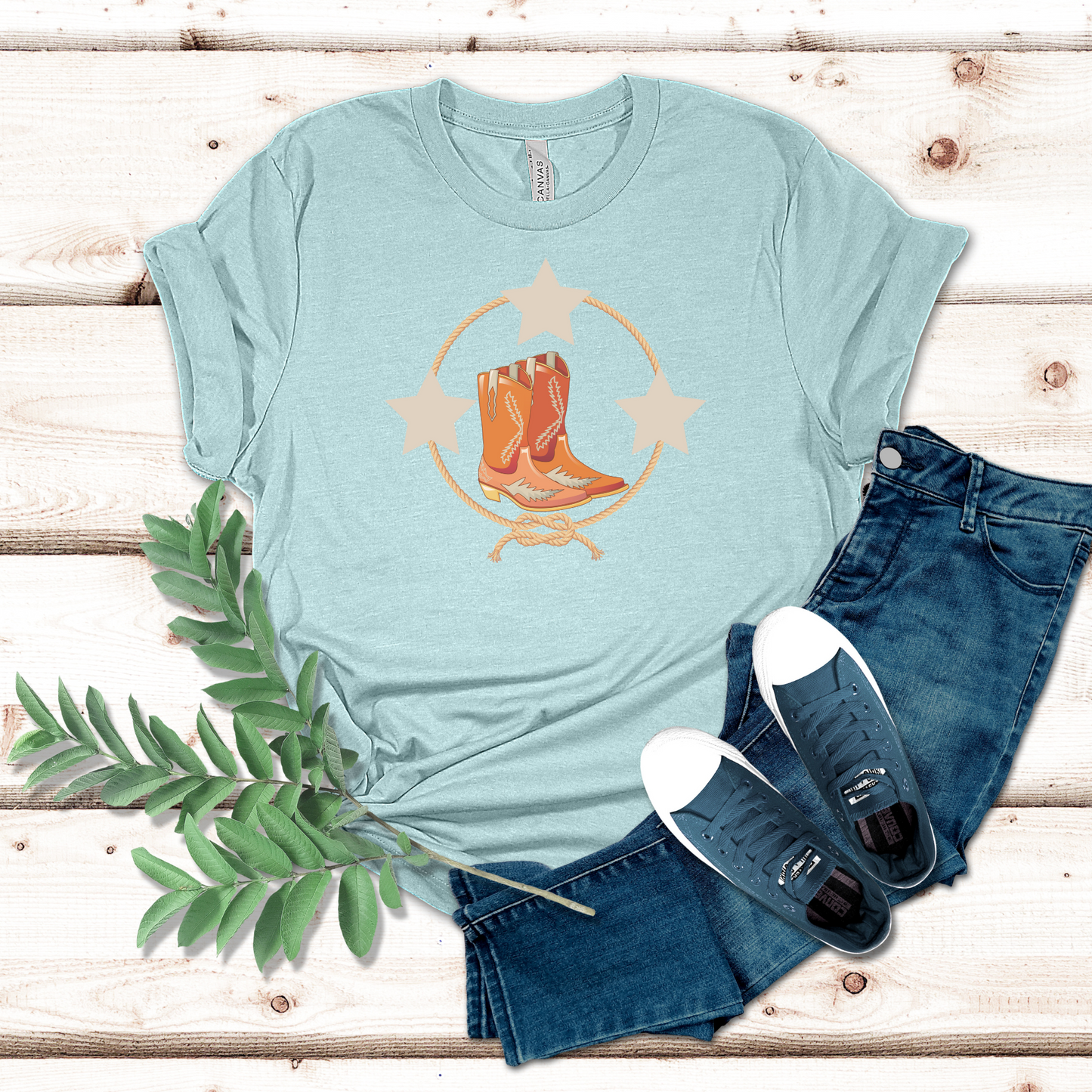 Cowboy boots and stars  heather prisim dusty blue t-shirt