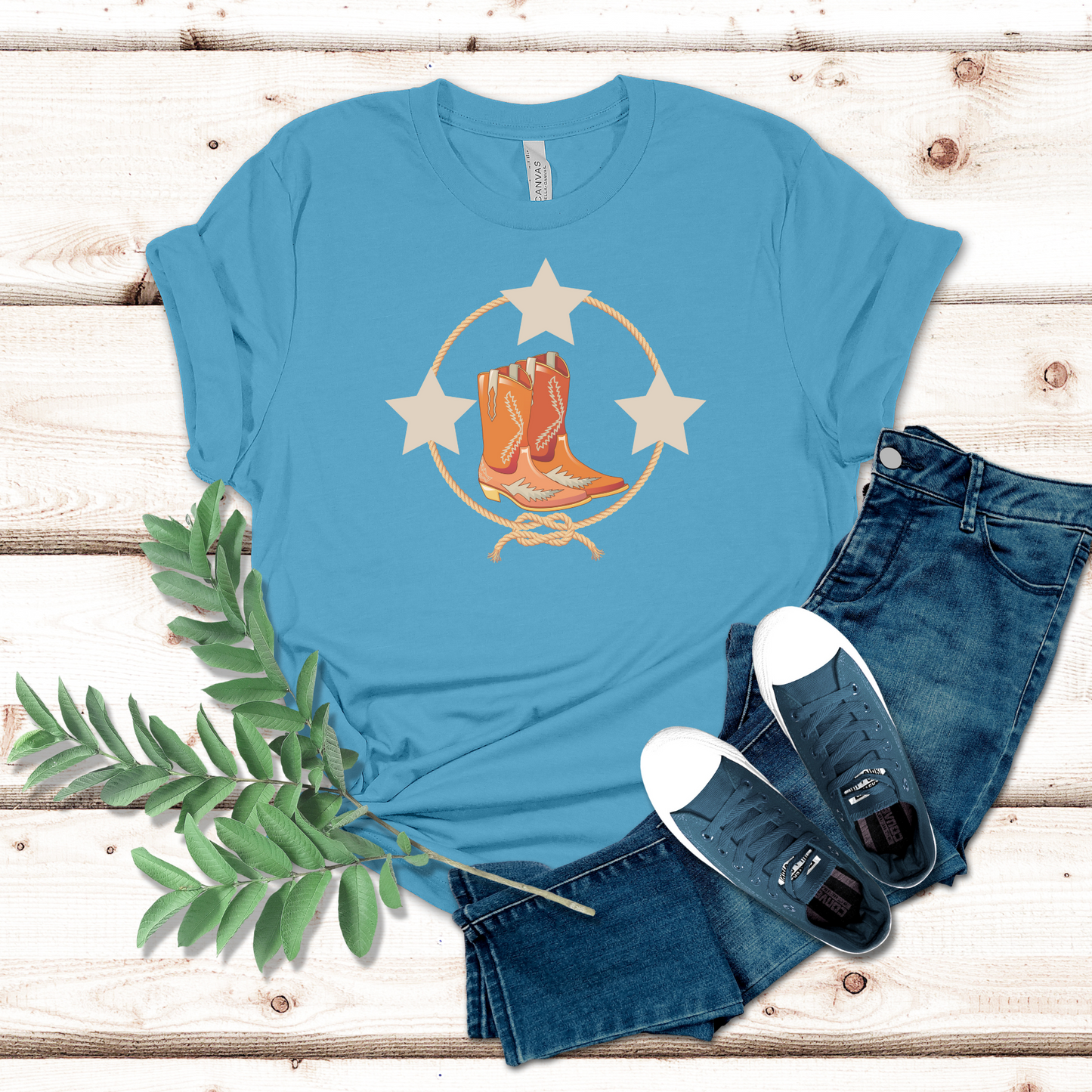 Cowboy boots and Stars  Ocean blue t-shirt 